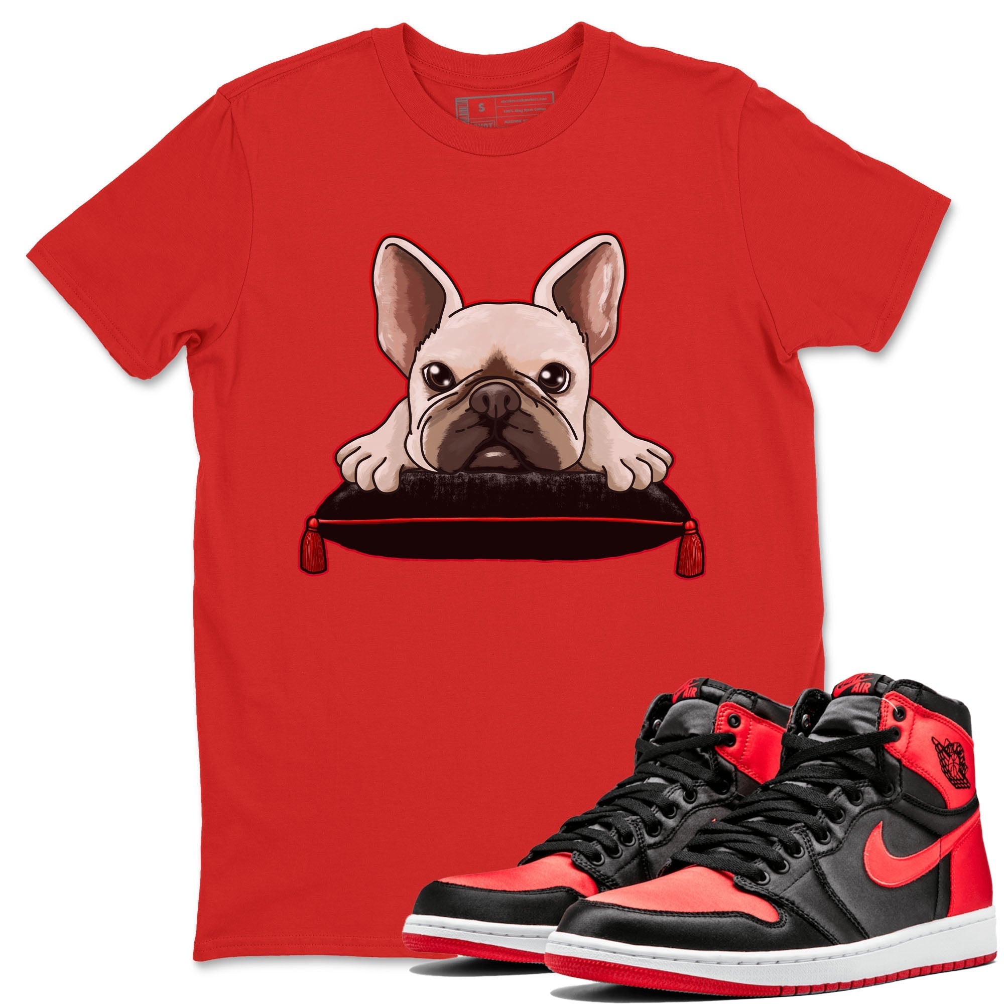 Air Jordan 1 Satin Bred shirt to match jordans French Bulldog sneaker tees AJ1 Retro Satin Bred Drip Gear Zone Sneaker Matching Clothing Brand Unisex Sneaker Tee Red 1 T-Shirt