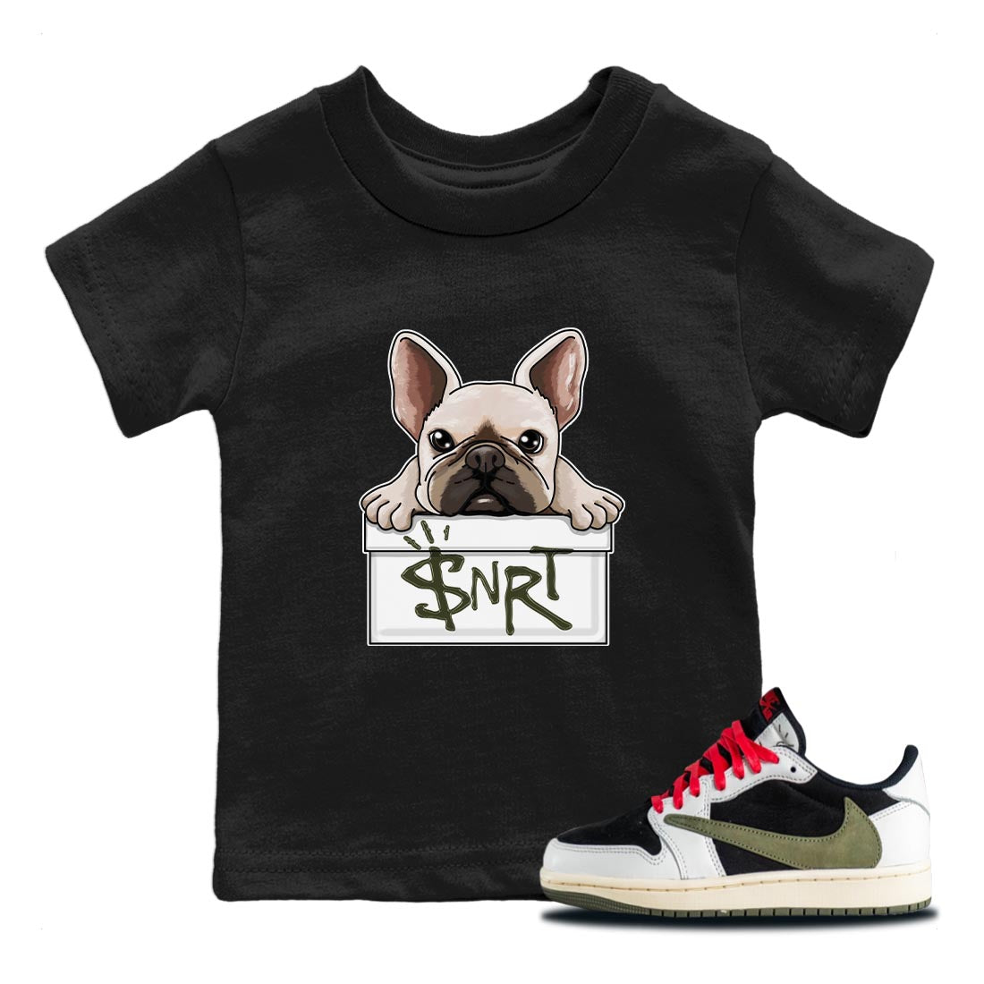 Air Jordan 1 Travis Scott Olive Sneaker Match Tees French Bulldog Streetwear Sneaker Shirt AJ1 Travis Scott Olive Sneaker Release Tees Kids Shirts Black 1