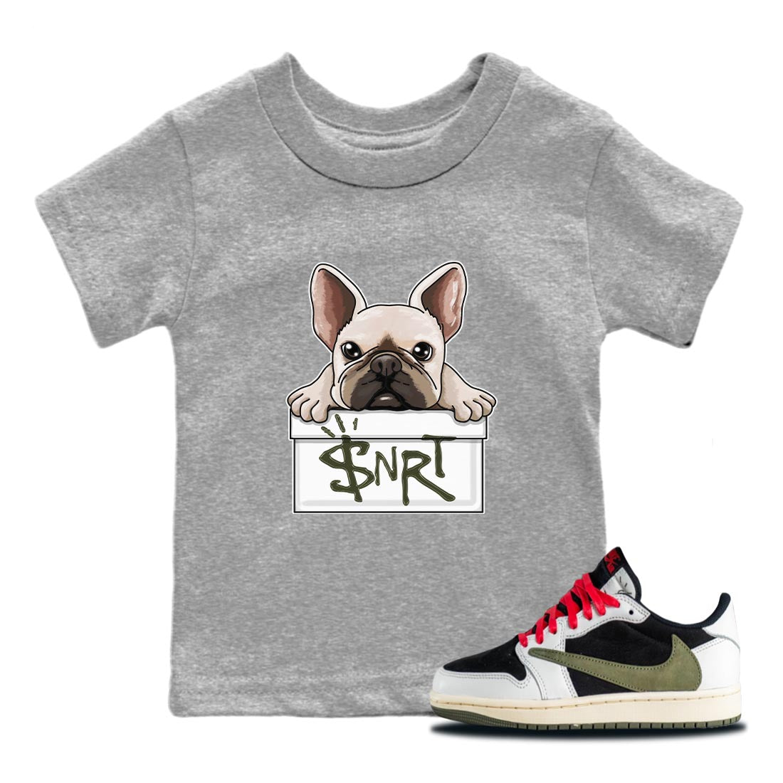 Air Jordan 1 Travis Scott Olive French Bulldog Baby and Kids Streetwear Sneaker Shirt AJ1 Travis Scott Olive Kids Streetwear Sneaker Shirt Size Chart