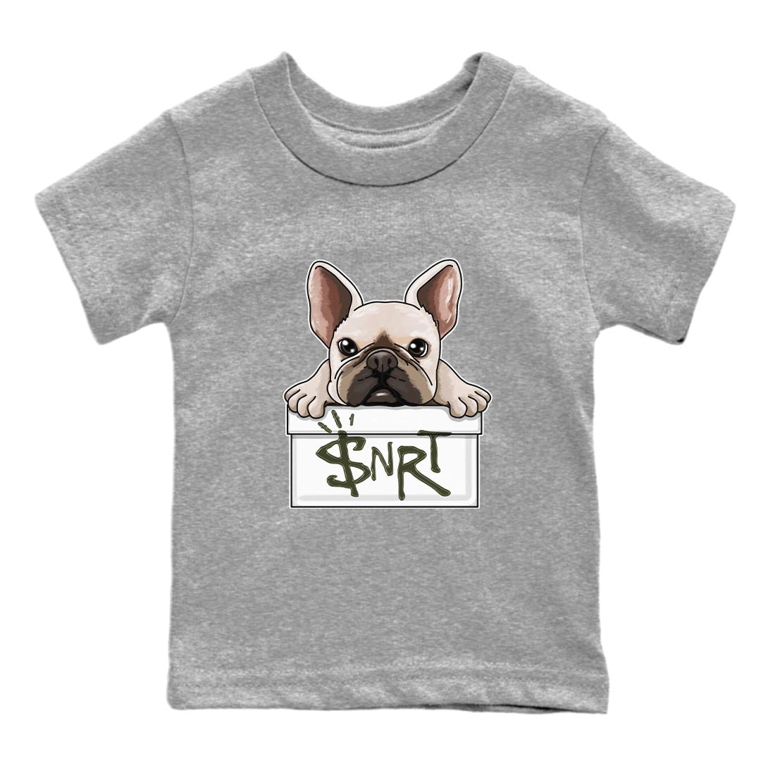 Air Jordan 1 Travis Scott Olive Sneaker Match Tees French Bulldog Streetwear Sneaker Shirt AJ1 Travis Scott Olive Sneaker Release Tees Kids Shirts Heather Grey 2