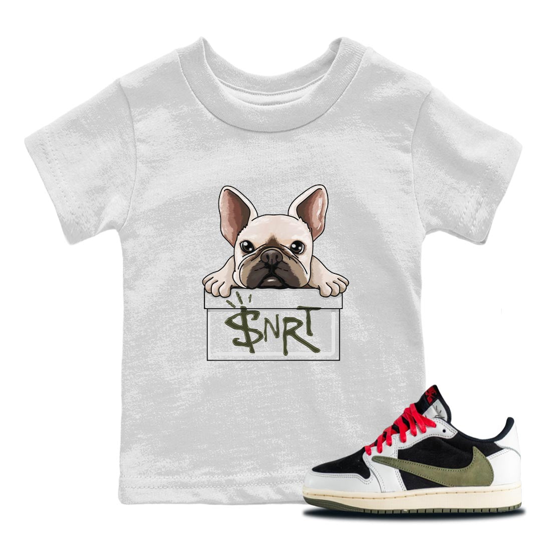 Air Jordan 1 Travis Scott Olive Sneaker Match Tees French Bulldog Streetwear Sneaker Shirt AJ1 Travis Scott Olive Sneaker Release Tees Kids Shirts White 1