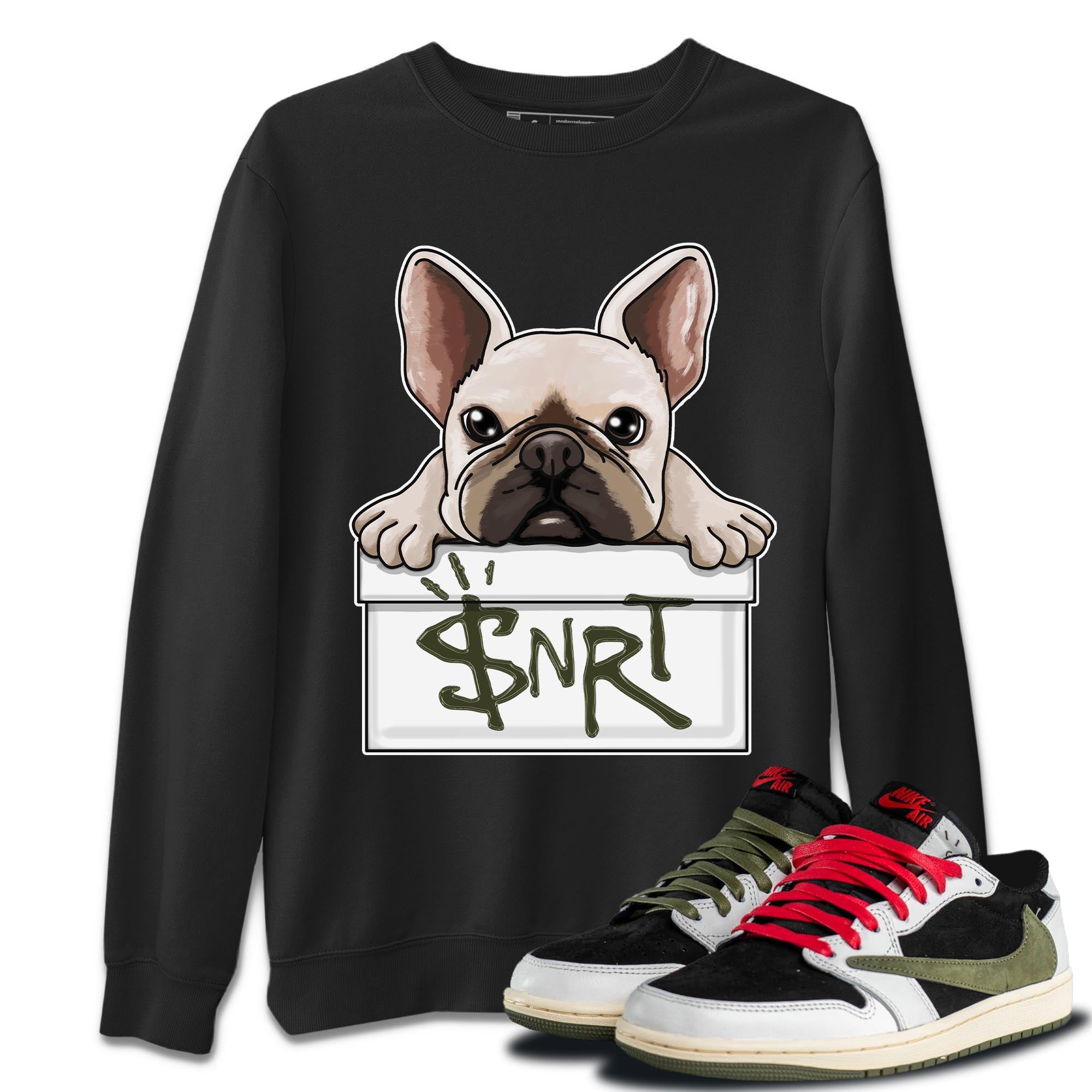 Air Jordan 1 Travis Scott Olive French Bulldog Crew Neck Streetwear Sneaker Shirt AJ1 Travis Scott Olive Sneaker T-Shirts Size Chart
