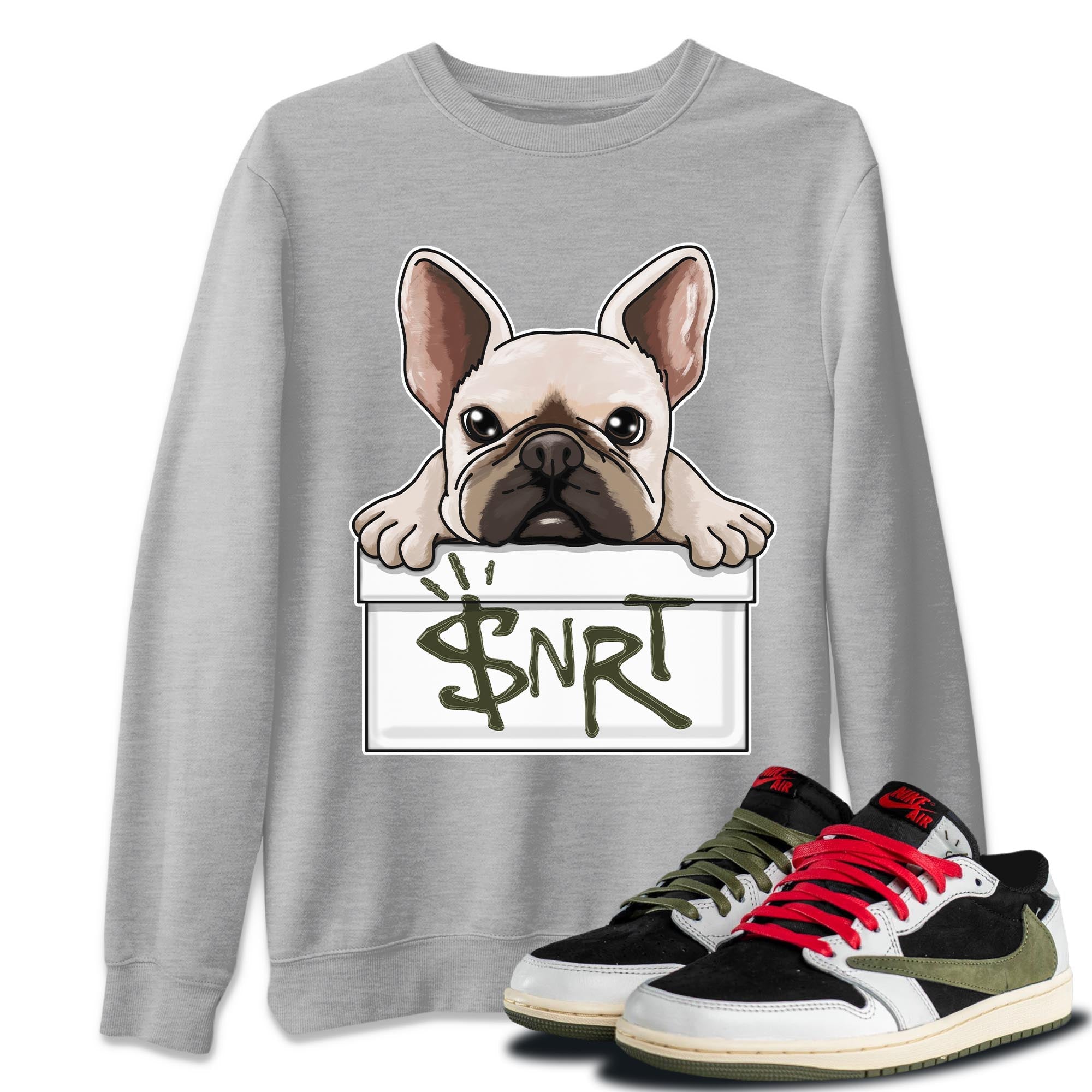 Air Jordan 1 Travis Scott Olive French Bulldog Crew Neck Streetwear Sneaker Shirt AJ1 Travis Scott Olive Sneaker T-Shirts Washing and Care Tip