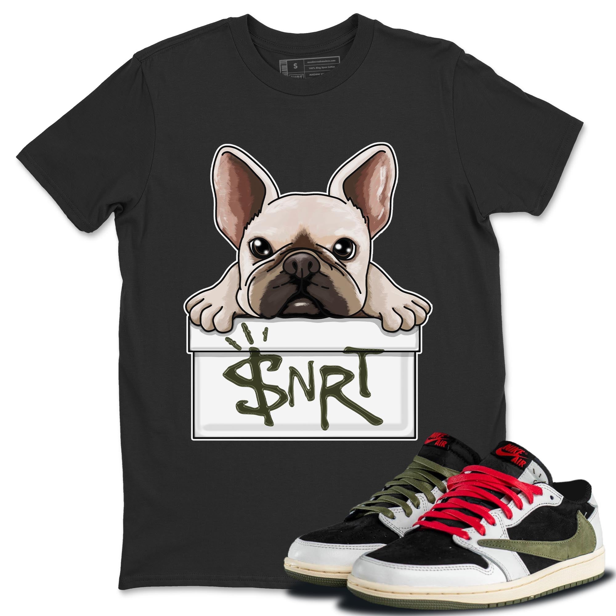 Air Jordan 1 Travis Scott Olive Sneaker Match Tees French Bulldog Streetwear Sneaker Shirt AJ1 Travis Scott Olive Sneaker Release Tees Unisex Shirts Black 1