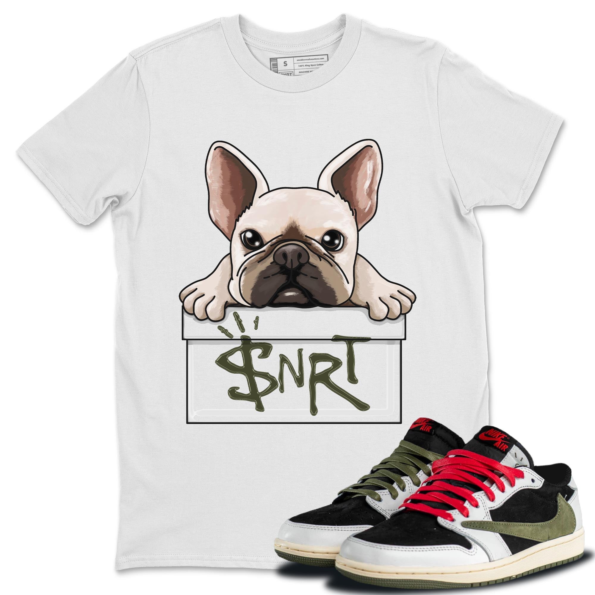Air Jordan 1 Travis Scott Olive Sneaker Match Tees French Bulldog Streetwear Sneaker Shirt AJ1 Travis Scott Olive Sneaker Release Tees Unisex Shirts White 1