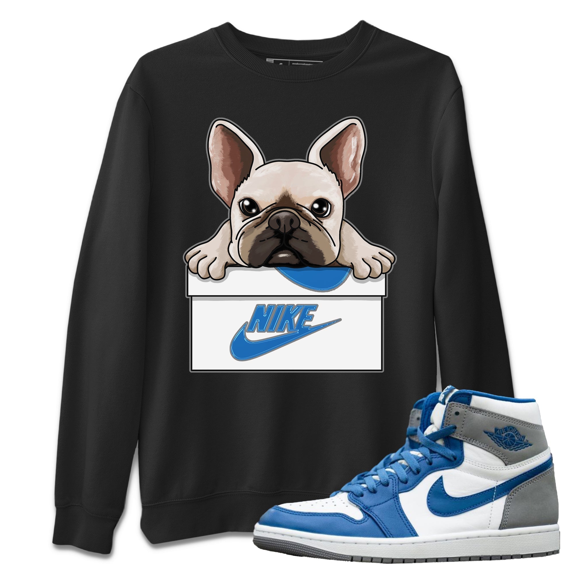 Jordan 1 True Blue Sneaker Matching T-Shirt French Bulldog Sneaker Tees Jordan 1 True Blue Sneaker Release Tees Crew Neck Tees
