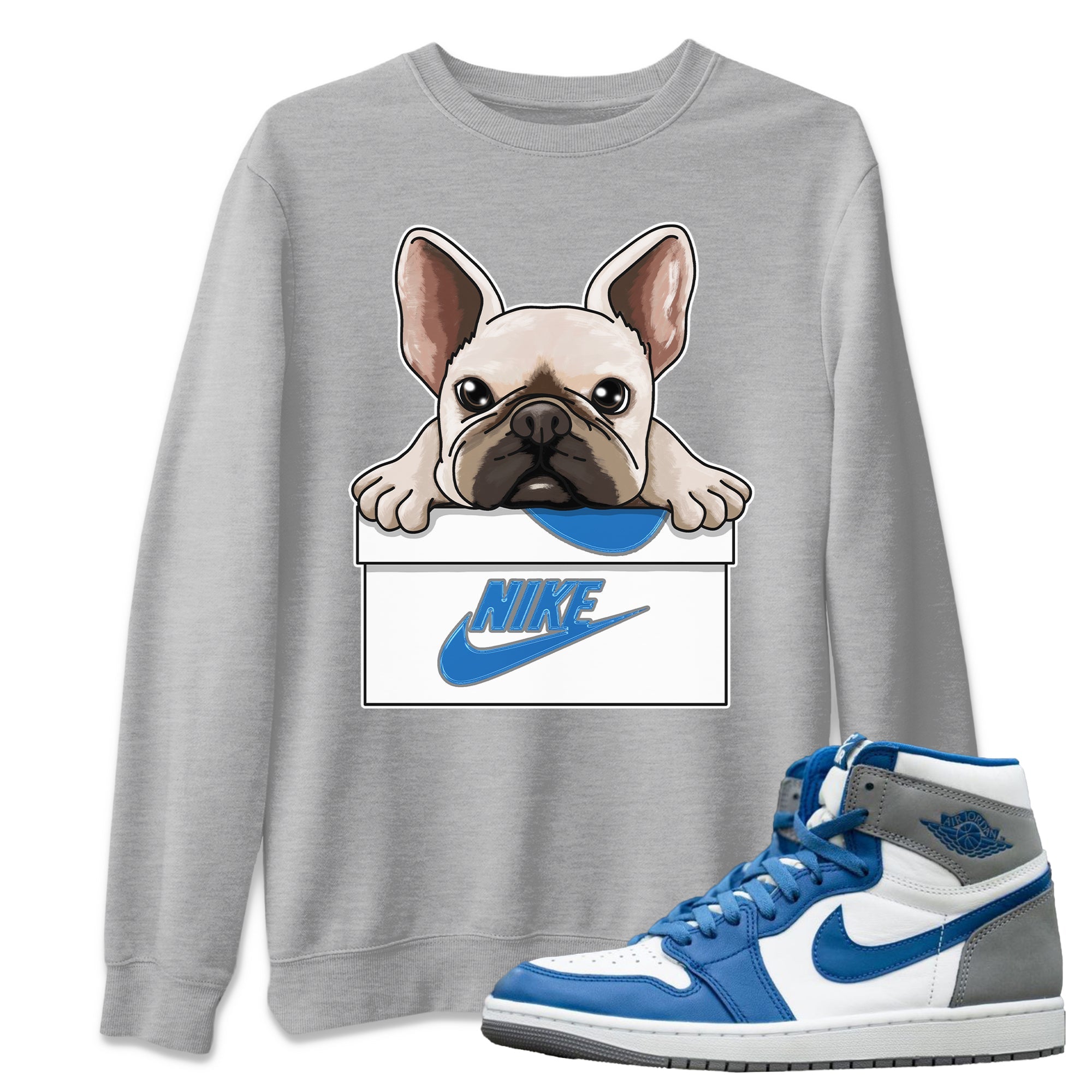 Jordan 1 True Blue Sneaker Matching T-Shirt French Bulldog Sneaker Tees Jordan 1 True Blue Sneaker Release Tees Crew Neck Tees