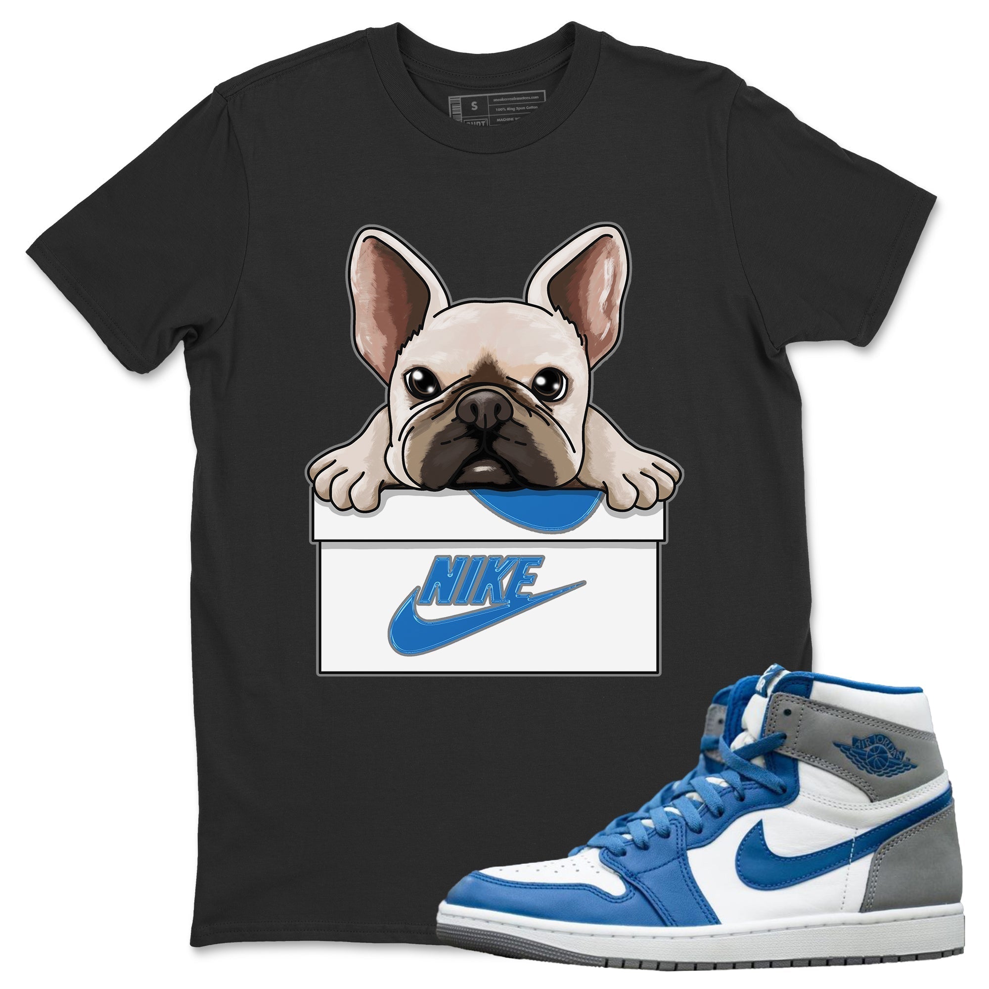 Jordan 1 True Blue Sneaker Matching T-Shirt French Bulldog Sneaker Tees Jordan 1 True Blue Sneaker Release Tees Crew Neck Tees