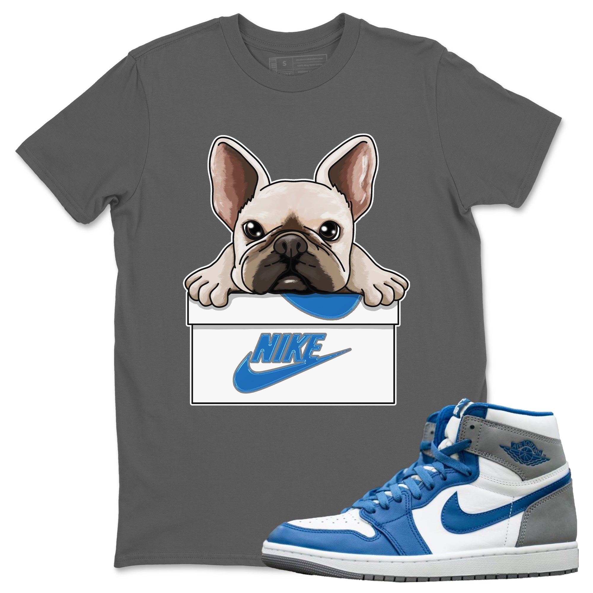 Jordan 1 True Blue Sneaker Matching T-Shirt French Bulldog Sneaker Tees Jordan 1 True Blue Sneaker Release Tees Crew Neck Tees