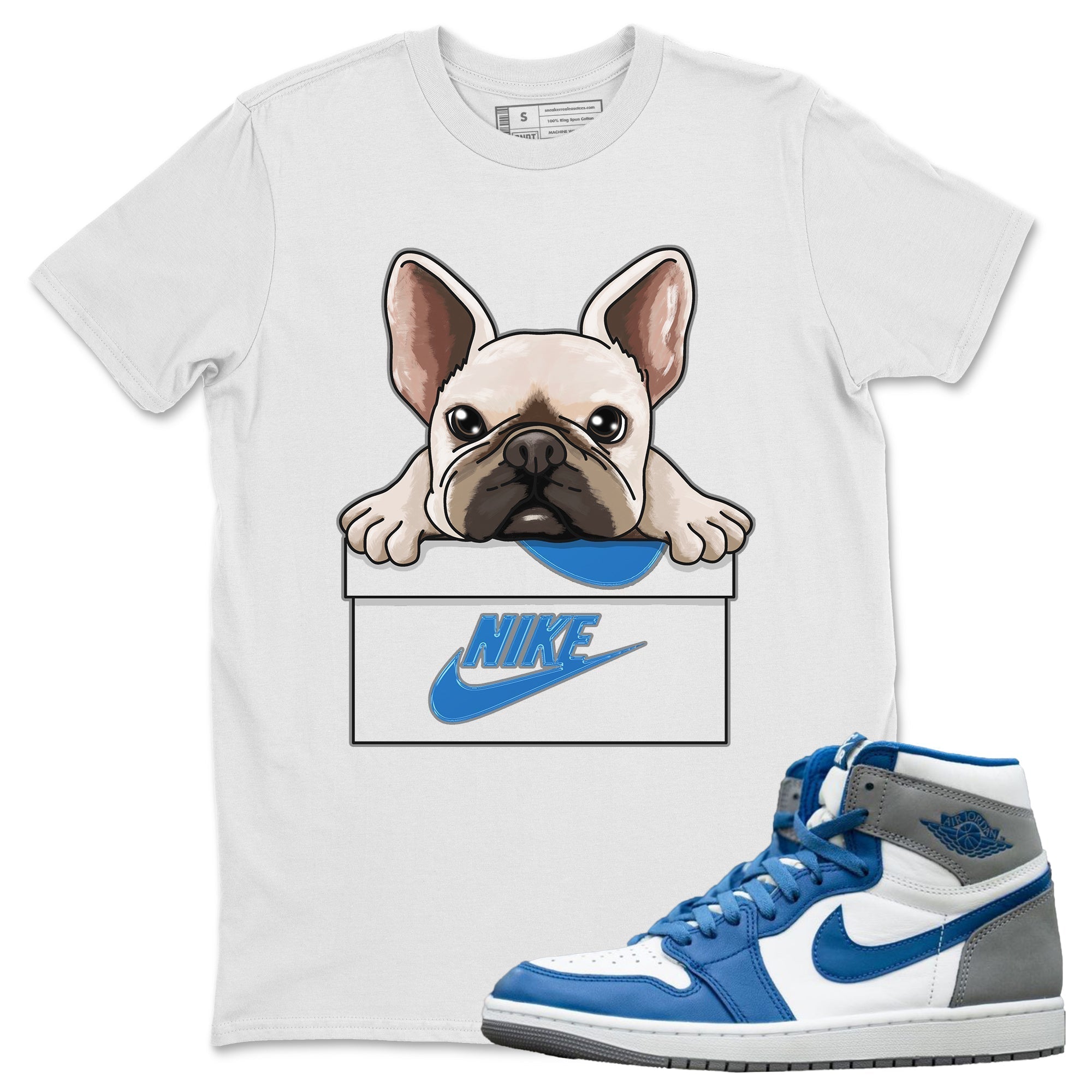 Jordan 1 True Blue Sneaker Matching T-Shirt French Bulldog Sneaker Tees Jordan 1 True Blue Sneaker Release Tees Crew Neck Tees