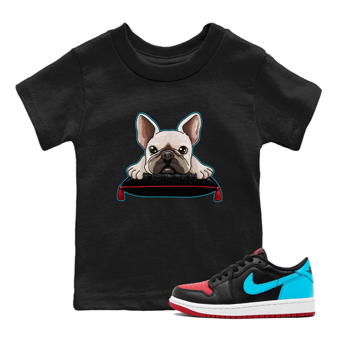 Air Jordan 1 Low UNC to Chicago shirt to match jordans French Bulldog Streetwear Sneaker Shirt Air Jordan 1 UNC to Chicago Drip Gear Zone Sneaker Matching Clothing Baby Toddler Black 1 T-Shirt