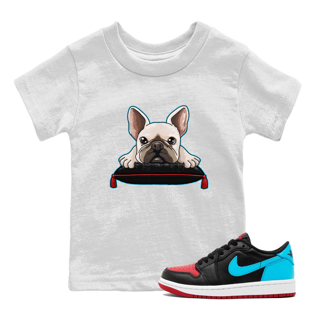 Air Jordan 1 Low UNC to Chicago shirt to match jordans French Bulldog Streetwear Sneaker Shirt Air Jordan 1 UNC to Chicago Drip Gear Zone Sneaker Matching Clothing Baby Toddler White 1 T-Shirt