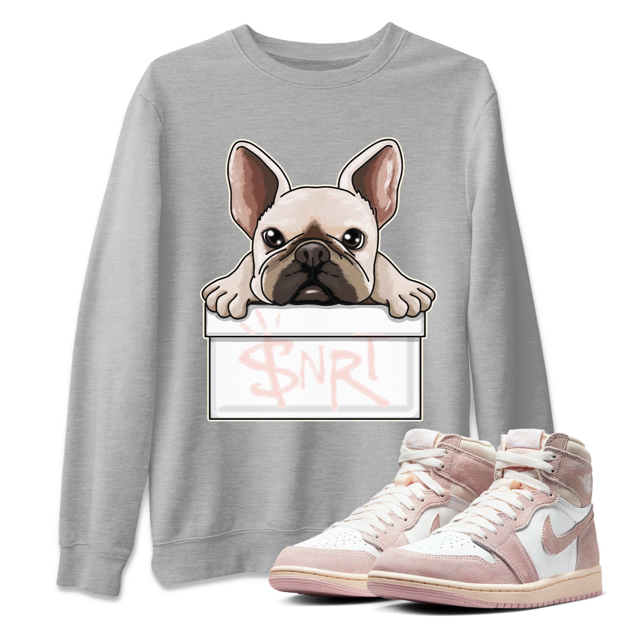 Air Jordan 1 Washed Pink Sneaker Match Tees French Bulldog Streetwear Sneaker Shirt AJ1 Washed Pink Sneaker Release Tees Unisex Shirts Heather Grey 1