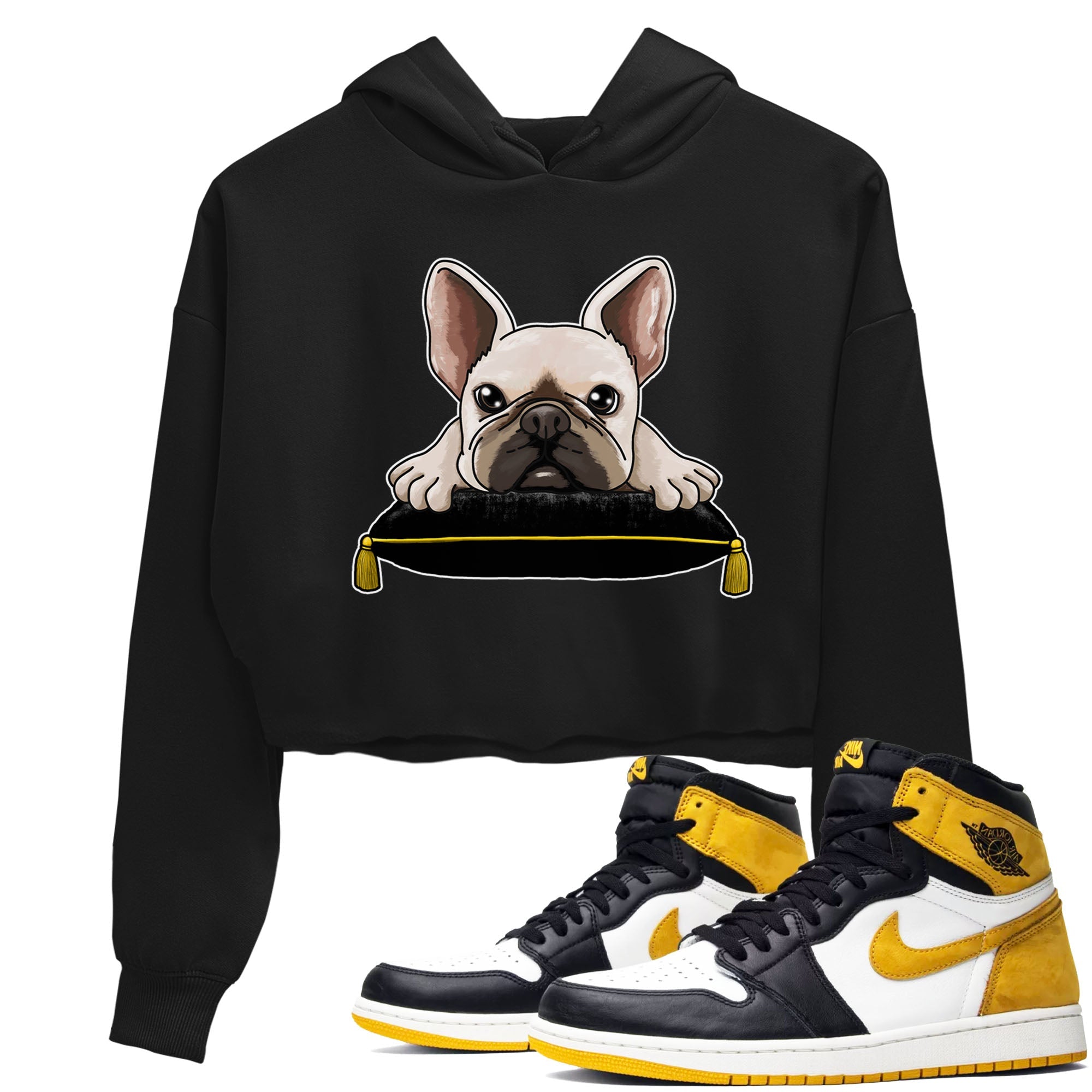 1s Yellow Ochre shirt to match jordans French Bulldog sneaker tees Air Jordan 1 High OG Yellow Ochre Drip Gear Zone Black 1 crop length shirt