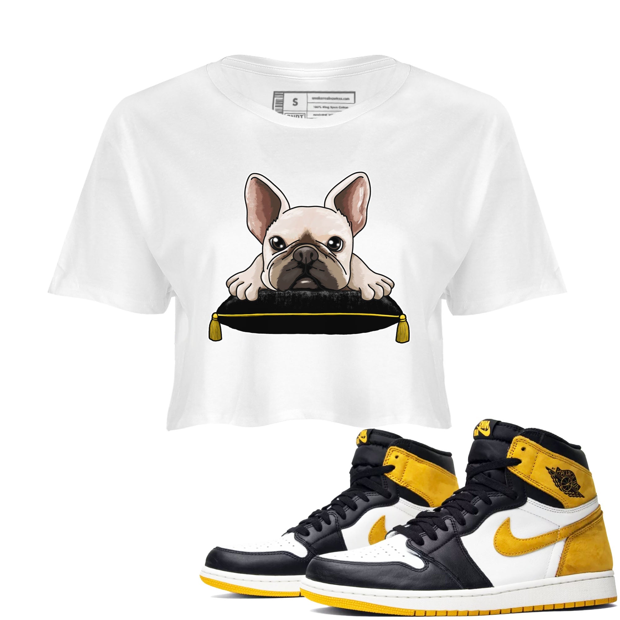 1s Yellow Ochre shirt to match jordans French Bulldog sneaker tees Air Jordan 1 High OG Yellow Ochre Drip Gear Zone White 1 crop length shirt