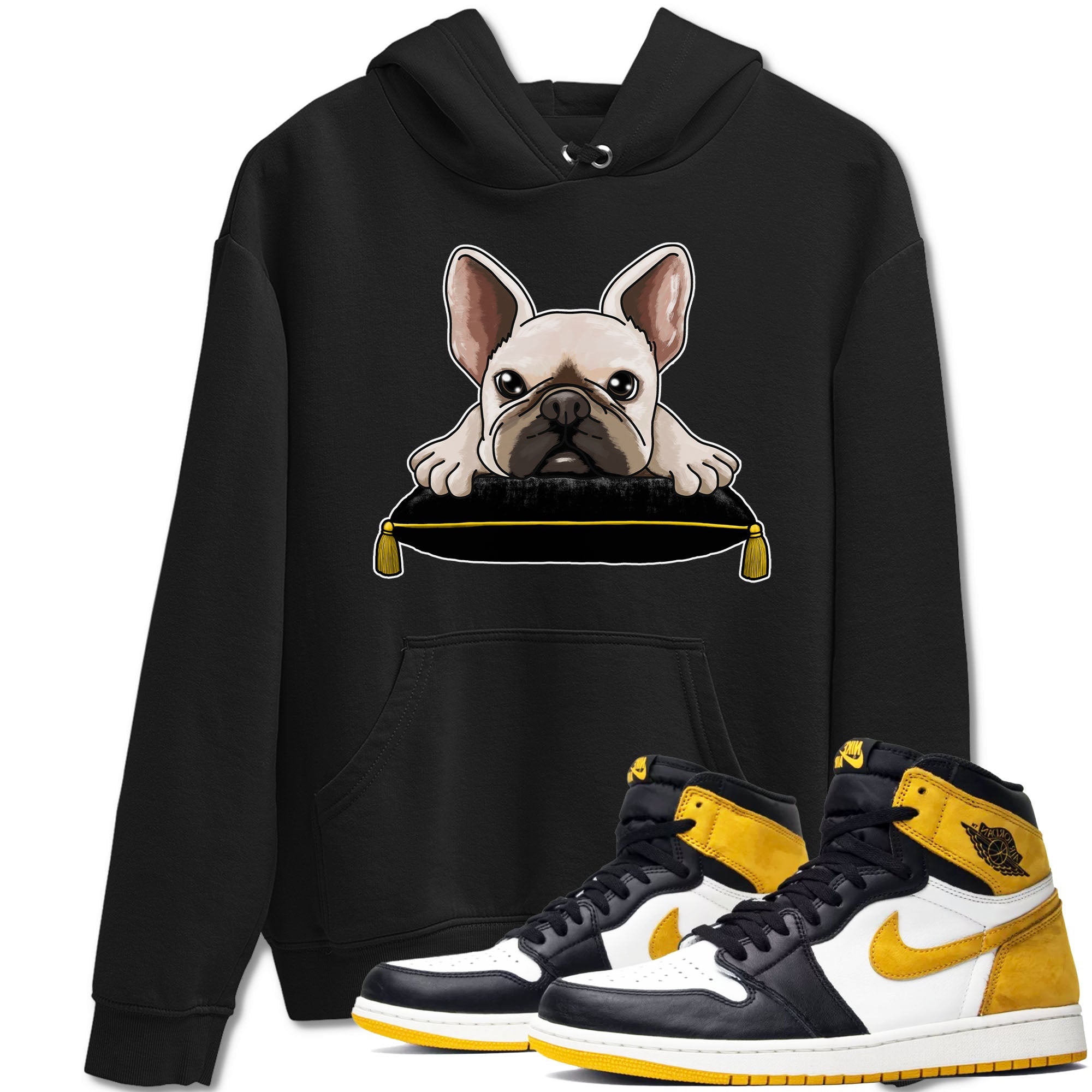 1s Yellow Ochre shirt to match jordans French Bulldog sneaker tees Air Jordan 1 High OG Yellow Ochre Drip Gear Zone unisex cotton Black 1 crew neck shirt