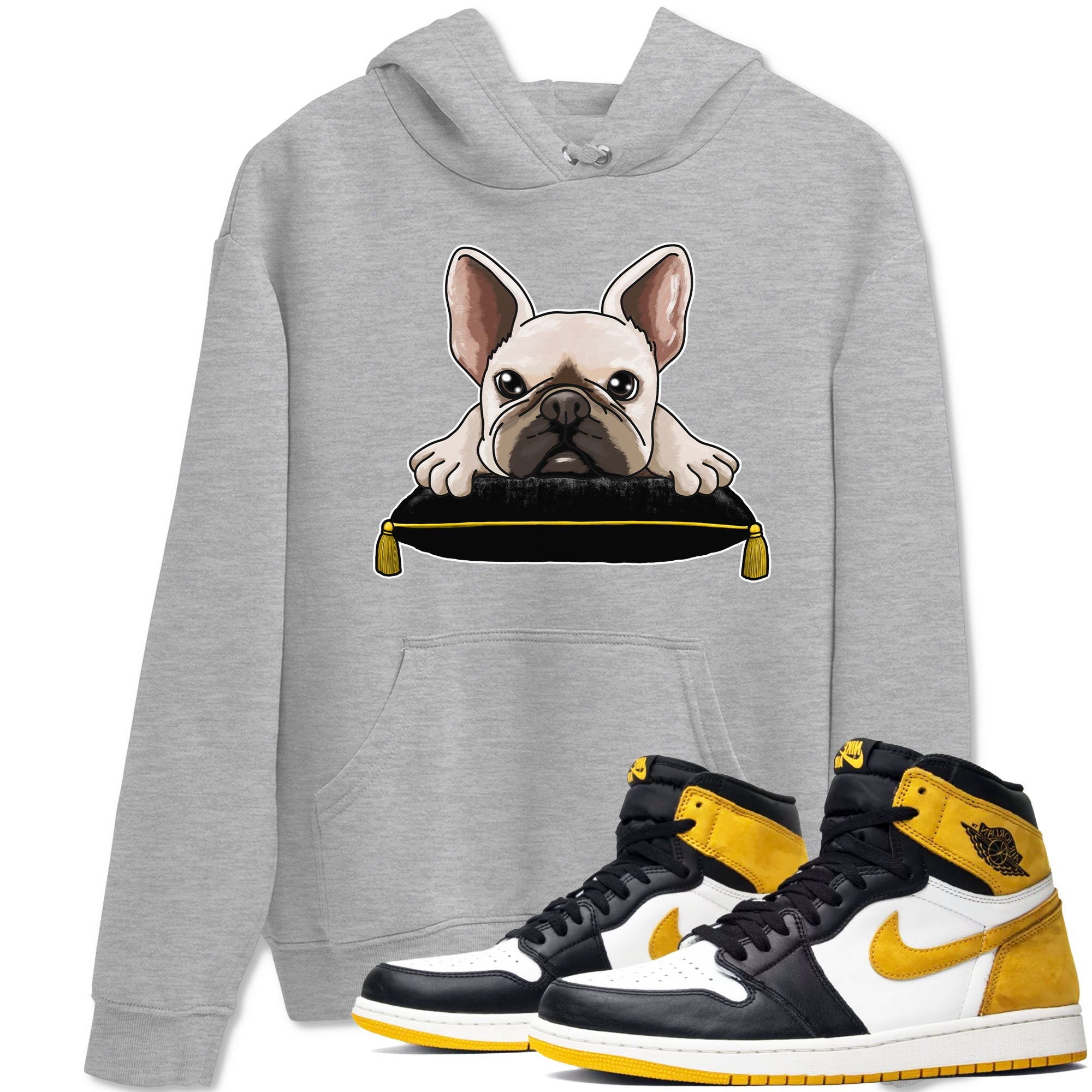 1s Yellow Ochre shirt to match jordans French Bulldog sneaker tees Air Jordan 1 High OG Yellow Ochre Drip Gear Zone unisex cotton Heather Grey 1 crew neck shirt