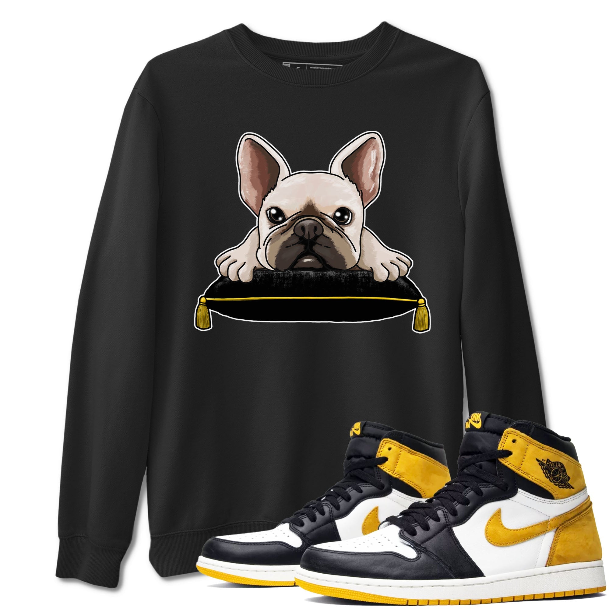 1s Yellow Ochre shirt to match jordans French Bulldog sneaker tees Air Jordan 1 High OG Yellow Ochre Drip Gear Zone unisex cotton Black 1 crew neck shirt