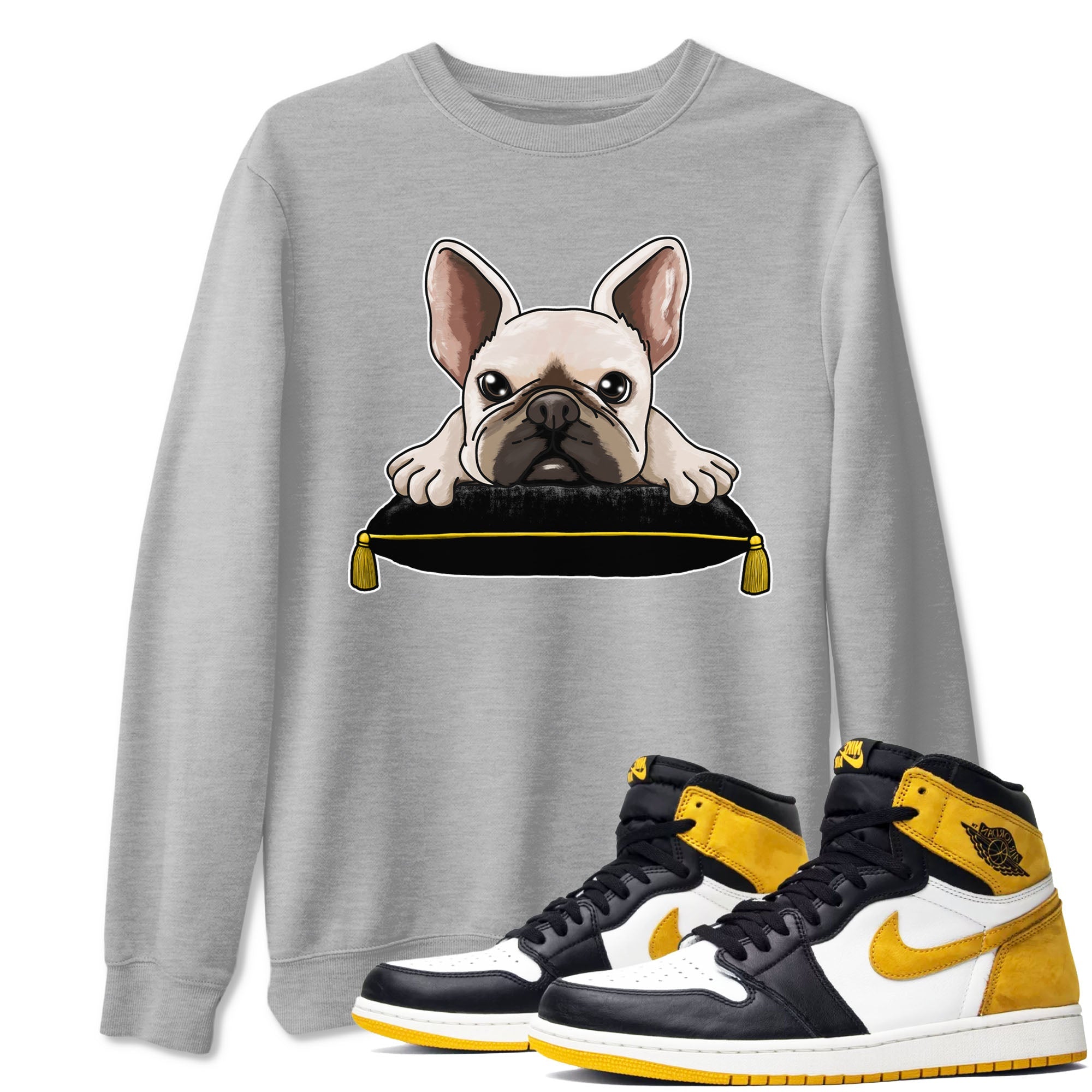 1s Yellow Ochre shirt to match jordans French Bulldog sneaker tees Air Jordan 1 High OG Yellow Ochre Drip Gear Zone unisex cotton Heather Grey 1 crew neck shirt