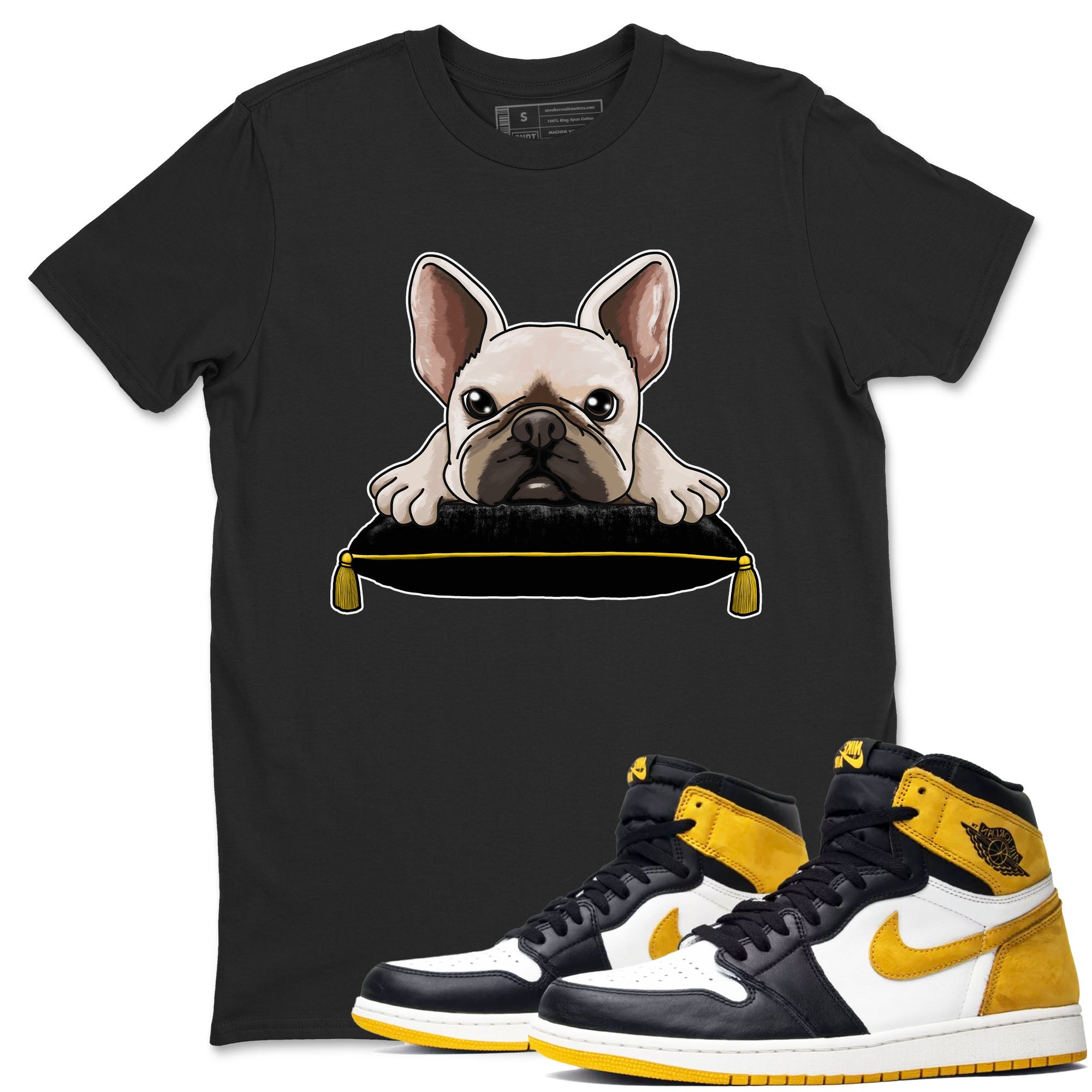 1s Yellow Ochre shirt to match jordans French Bulldog sneaker tees Air Jordan 1 High OG Yellow Ochre Drip Gear Zone unisex cotton Black 1 crew neck shirt
