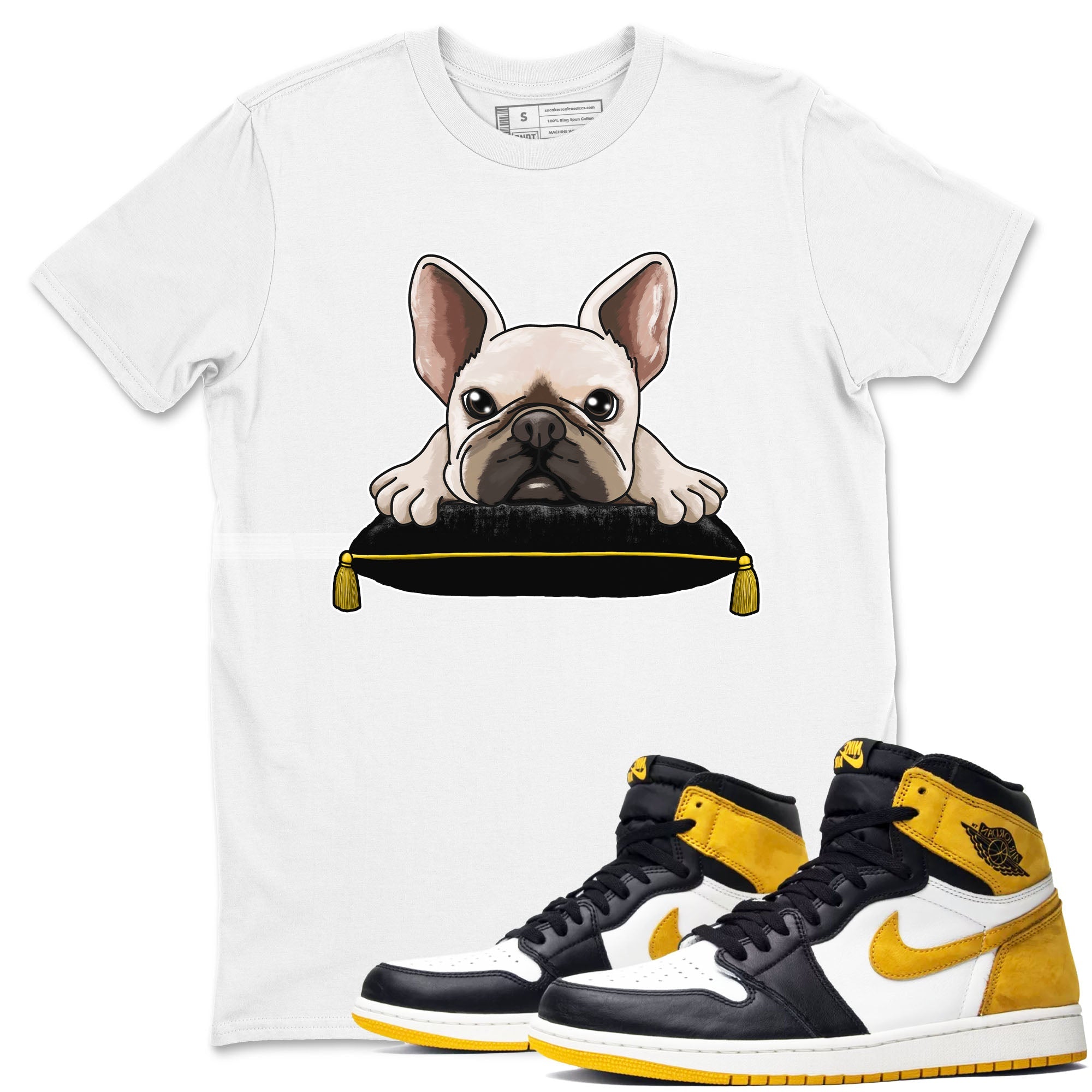1s Yellow Ochre shirt to match jordans French Bulldog sneaker tees Air Jordan 1 High OG Yellow Ochre Drip Gear Zone unisex cotton White 1 crew neck shirt