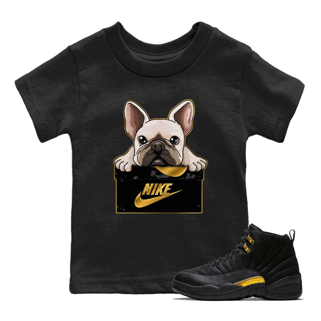 Jordan 12 Black Taxi Sneaker Matching T-Shirt French Bulldog Sneaker Tees Jordan 12 Black Taxi Sneaker Release Tees Kids Shirts