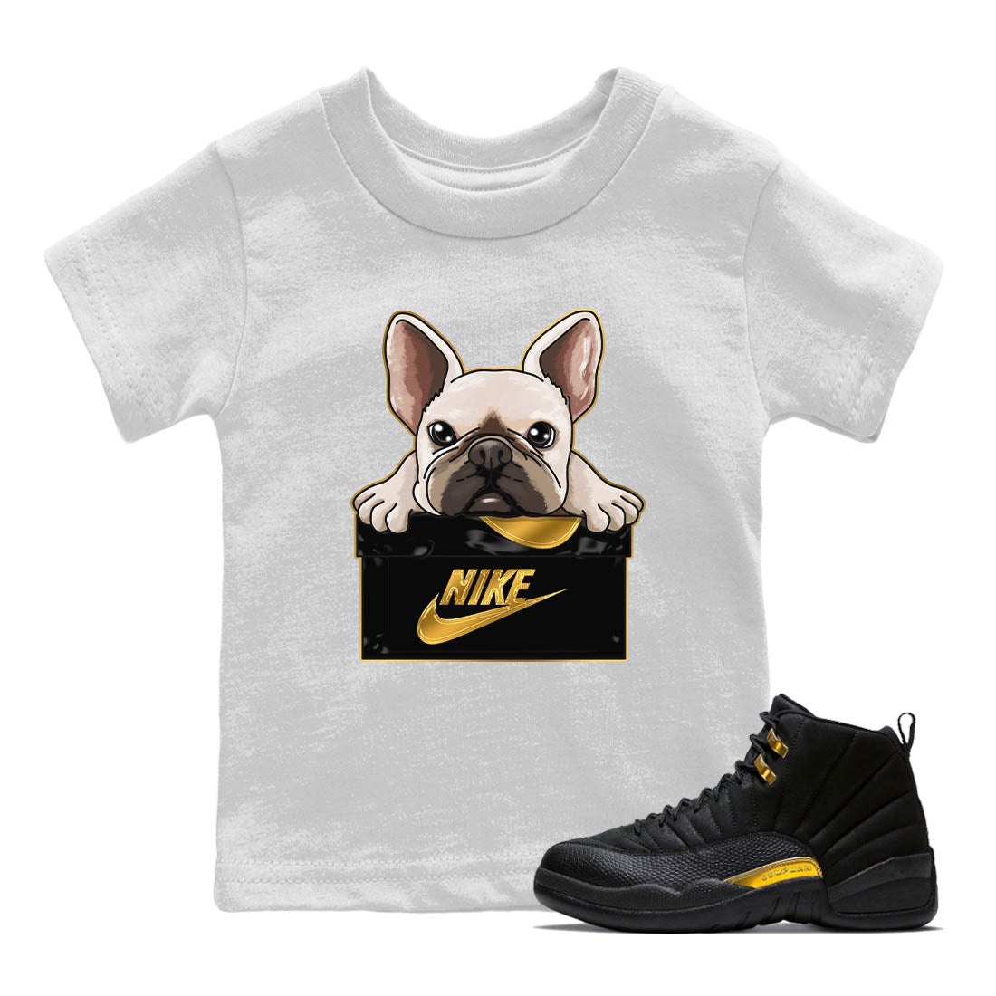 Jordan 12 Black Taxi Sneaker Matching T-Shirt French Bulldog Sneaker Tees Jordan 12 Black Taxi Sneaker Release Tees Kids Shirts