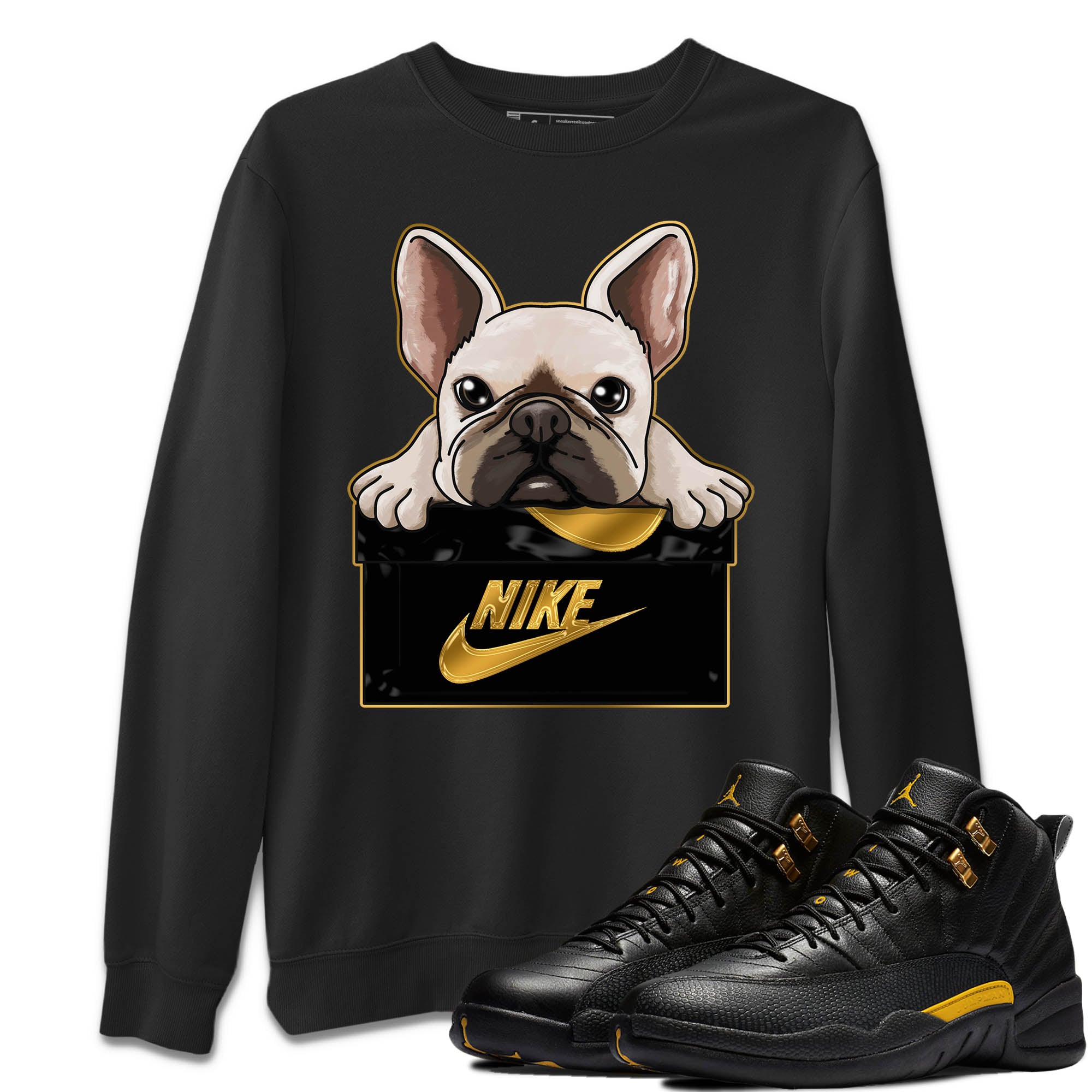 Jordan 12 Black Taxi Sneaker Matching T-Shirt French Bulldog Sneaker Tees Jordan 12 Black Taxi Sneaker Release Tees Crew Neck Tees