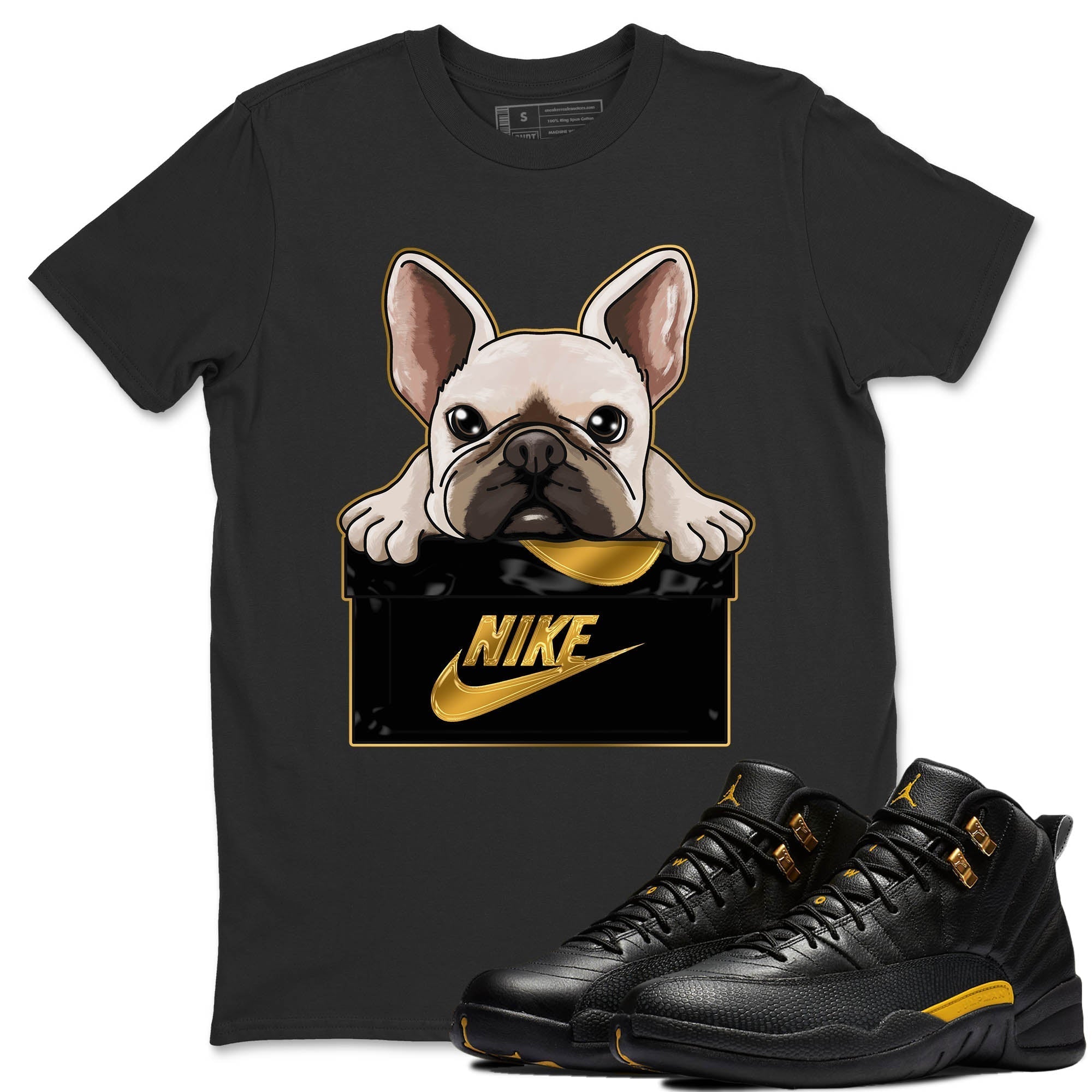 Jordan 12 Black Taxi Sneaker Matching T-Shirt French Bulldog Sneaker Tees Jordan 12 Black Taxi Sneaker Release Tees Crew Neck Tees