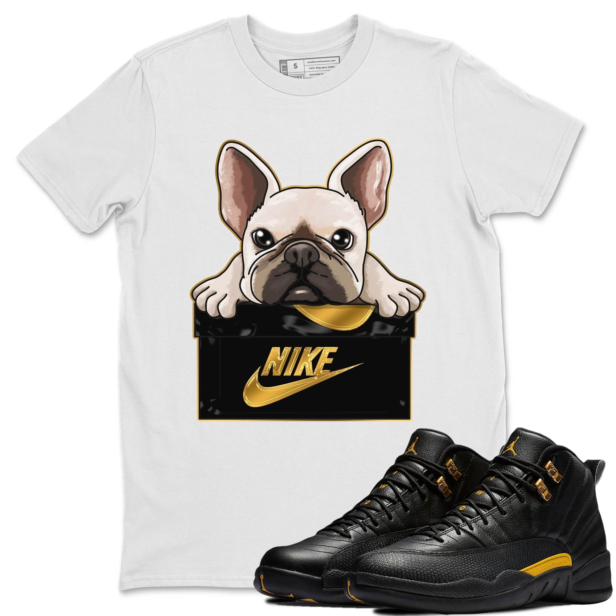 Jordan 12 Black Taxi Sneaker Matching T-Shirt French Bulldog Sneaker Tees Jordan 12 Black Taxi Sneaker Release Tees Crew Neck Tees