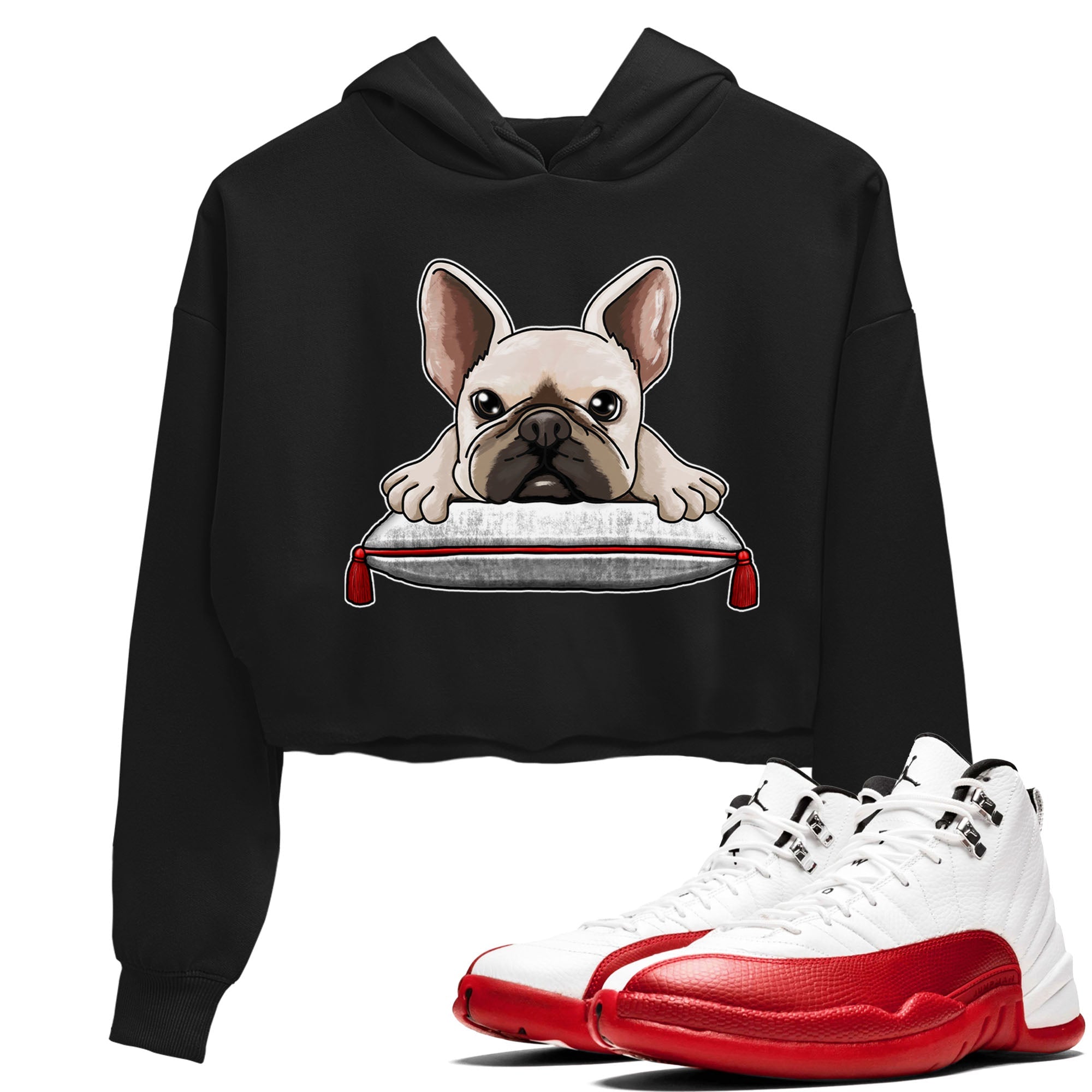 Jordan 12 Retro Cherry shirt to match jordans Varsity Red French Bulldog special sneaker matching tees 12s Cherry Drip Gear Zone Black 1 Crop T-Shirt