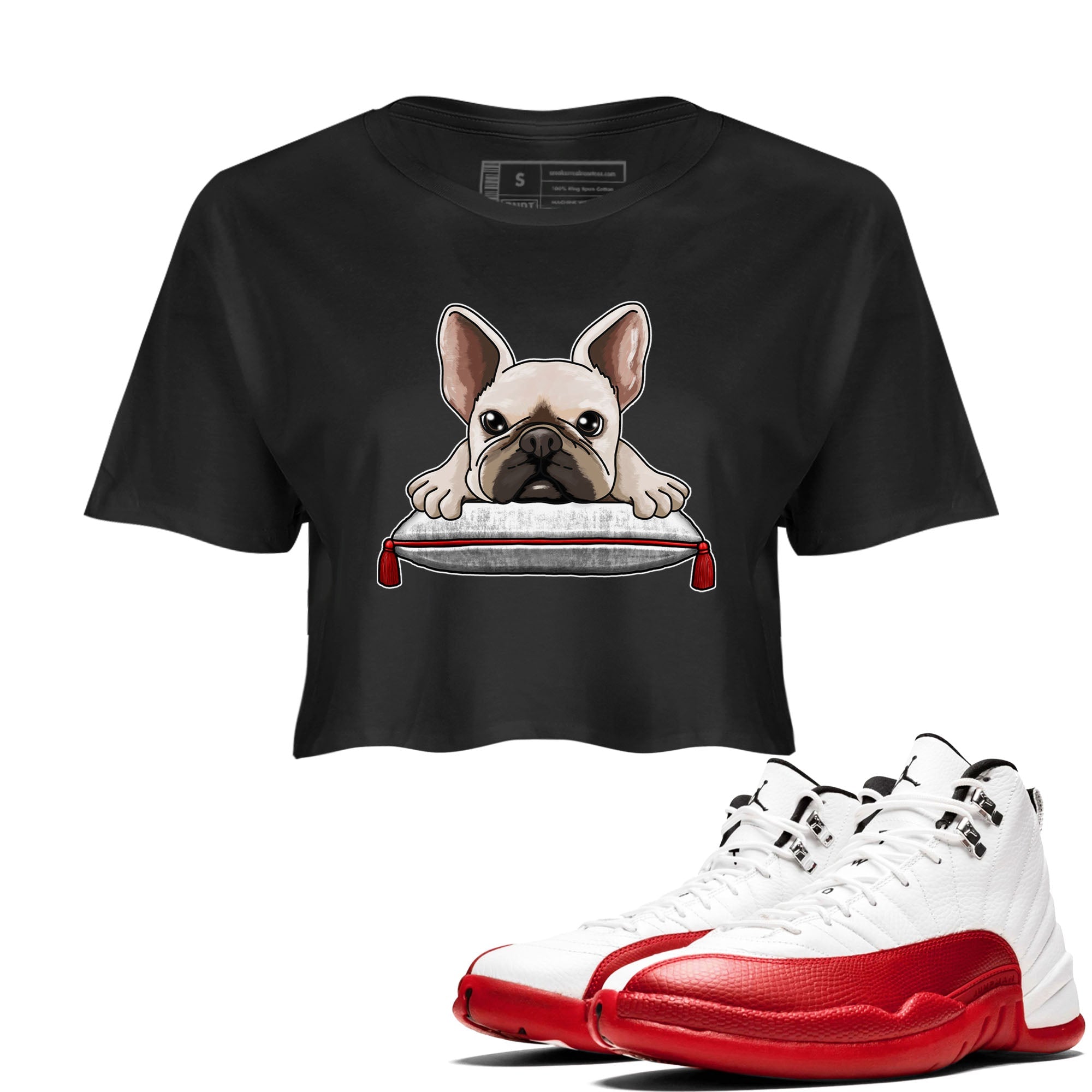 Jordan 12 Retro Cherry shirt to match jordans Varsity Red French Bulldog special sneaker matching tees 12s Cherry Drip Gear Zone Black 1 Crop T-Shirt