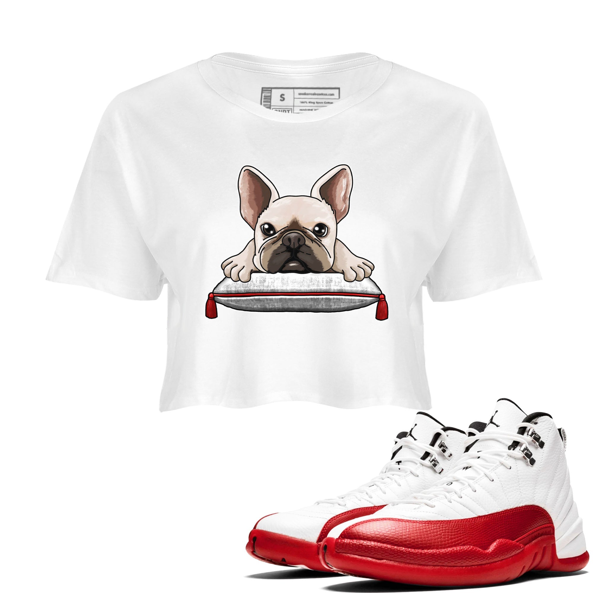 Jordan 12 Retro Cherry shirt to match jordans Varsity Red French Bulldog special sneaker matching tees 12s Cherry Drip Gear Zone White 1 Crop T-Shirt