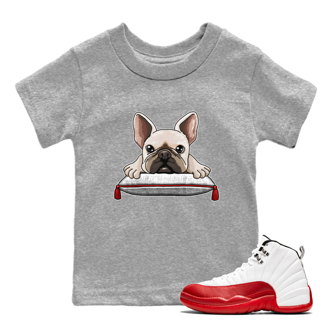 Jordan 12 Retro Cherry shirt to match jordans Varsity Red French Bulldog special sneaker matching tees 12s Cherry Drip Gear Zone Baby Toddler Heather Grey 1 T-Shirt