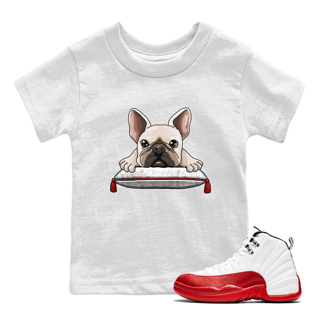 Jordan 12 Retro Cherry shirt to match jordans Varsity Red French Bulldog special sneaker matching tees 12s Cherry Drip Gear Zone Baby Toddler White 1 T-Shirt