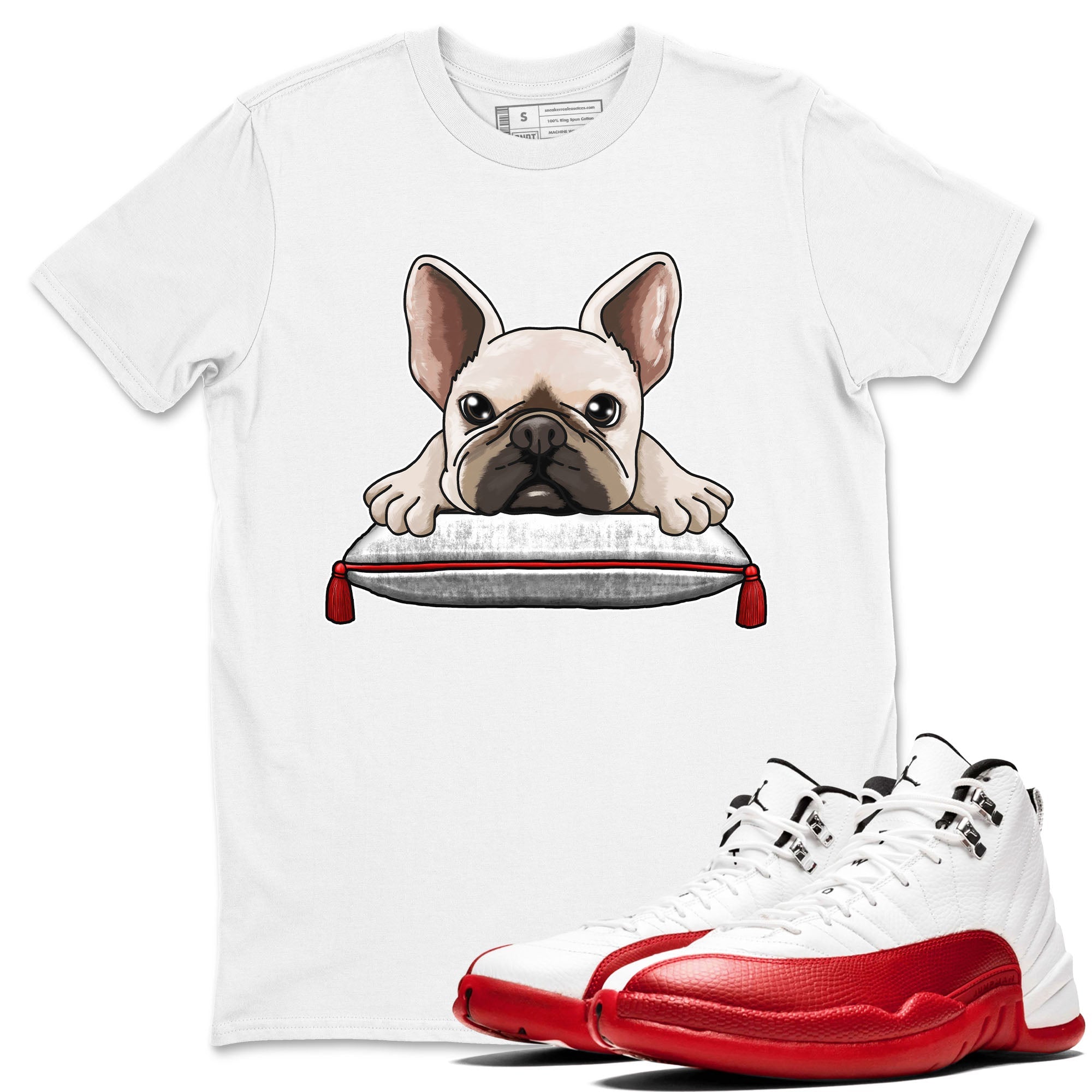 Jordan 12 Retro Cherry shirt to match jordans Varsity Red French Bulldog special sneaker matching tees 12s Cherry Drip Gear Zone Unisex White 1 T-Shirt