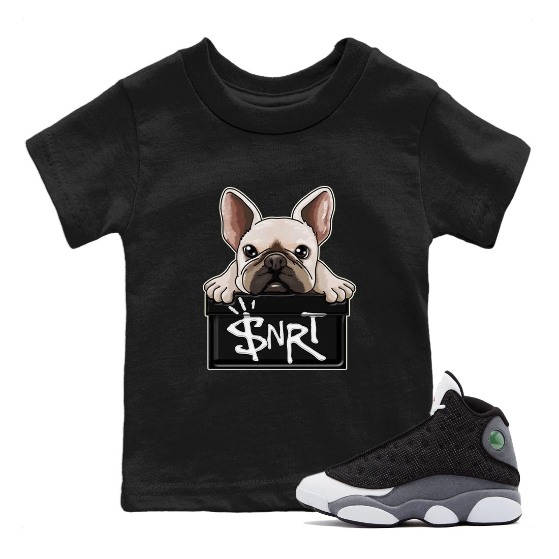 Air Jordan 13 Black Flint Sneaker Match Tees French Bulldog Streetwear Sneaker Shirt AJ 13s Black Flint Sneaker Release Tees Kids Shirts Black 1