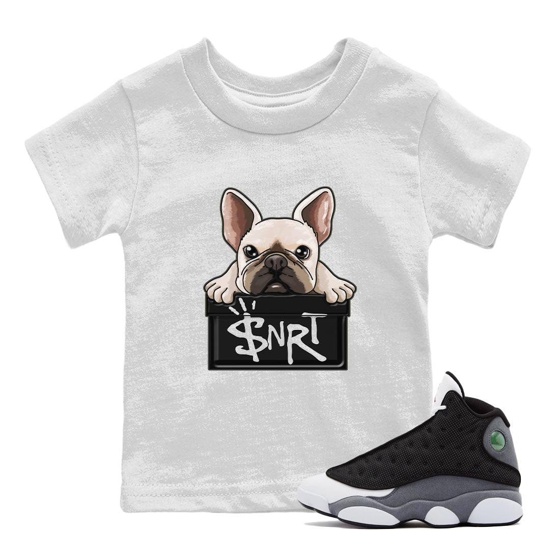 Air Jordan 13 Black Flint Sneaker Match Tees French Bulldog Streetwear Sneaker Shirt AJ 13s Black Flint Sneaker Release Tees Kids Shirts White 1