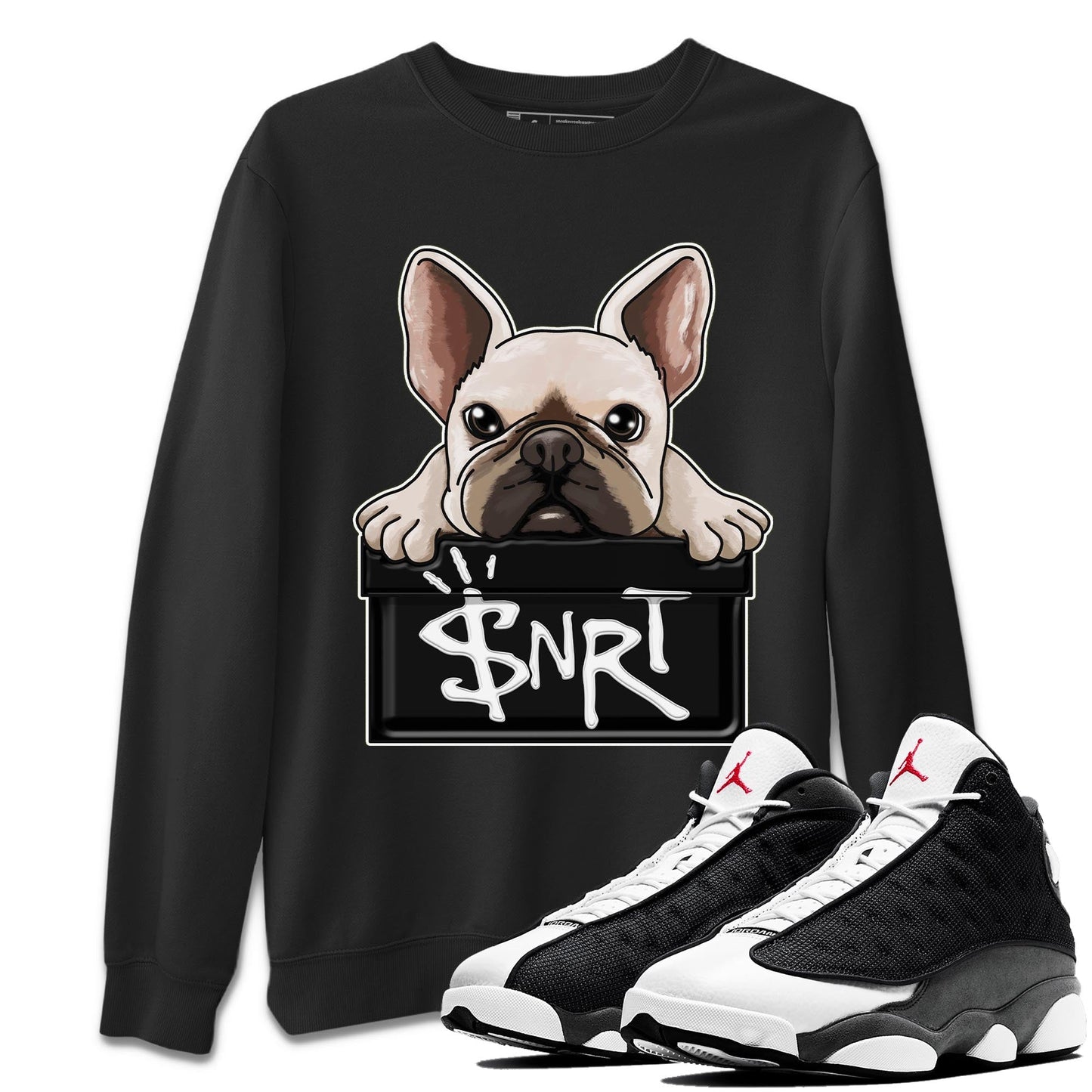 Air Jordan 13 Black Flint French Bulldog Crew Neck Streetwear Sneaker Shirt AJ 13s Black Flint Sneaker T-Shirts Washing and Care Tip