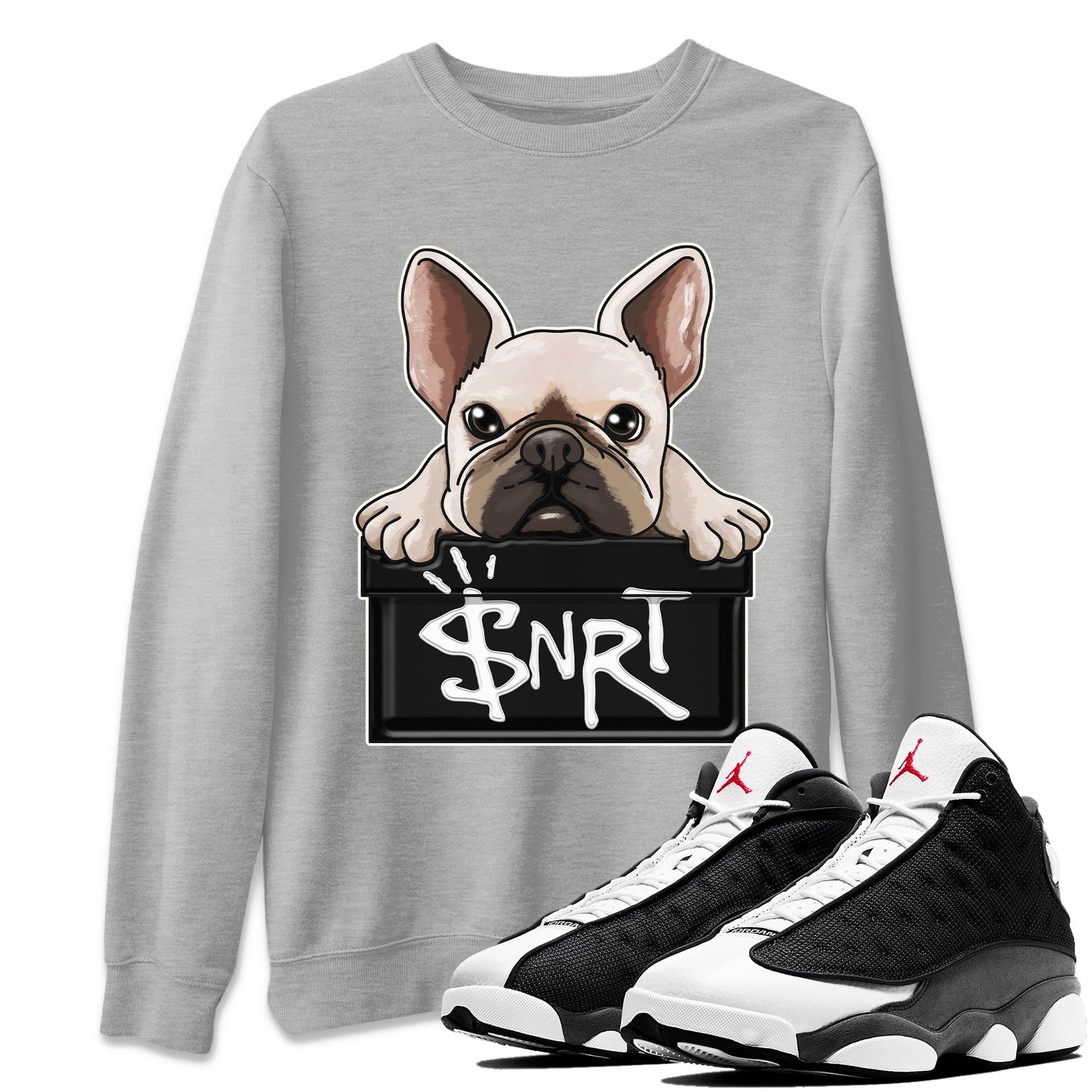 Air Jordan 13 Black Flint Sneaker Match Tees French Bulldog Streetwear Sneaker Shirt AJ 13s Black Flint Sneaker Release Tees Unisex Shirts Heather Grey 1