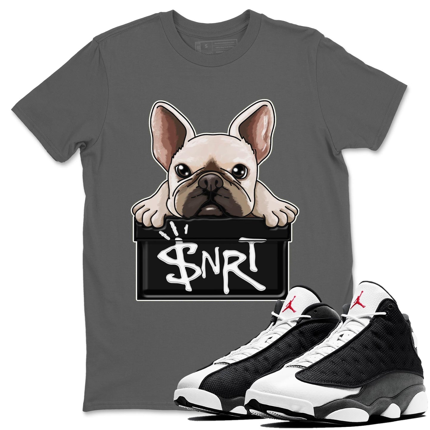 Air Jordan 13 Black Flint French Bulldog Crew Neck Streetwear Sneaker Shirt AJ 13s Black Flint Sneaker T-Shirts Size Chart