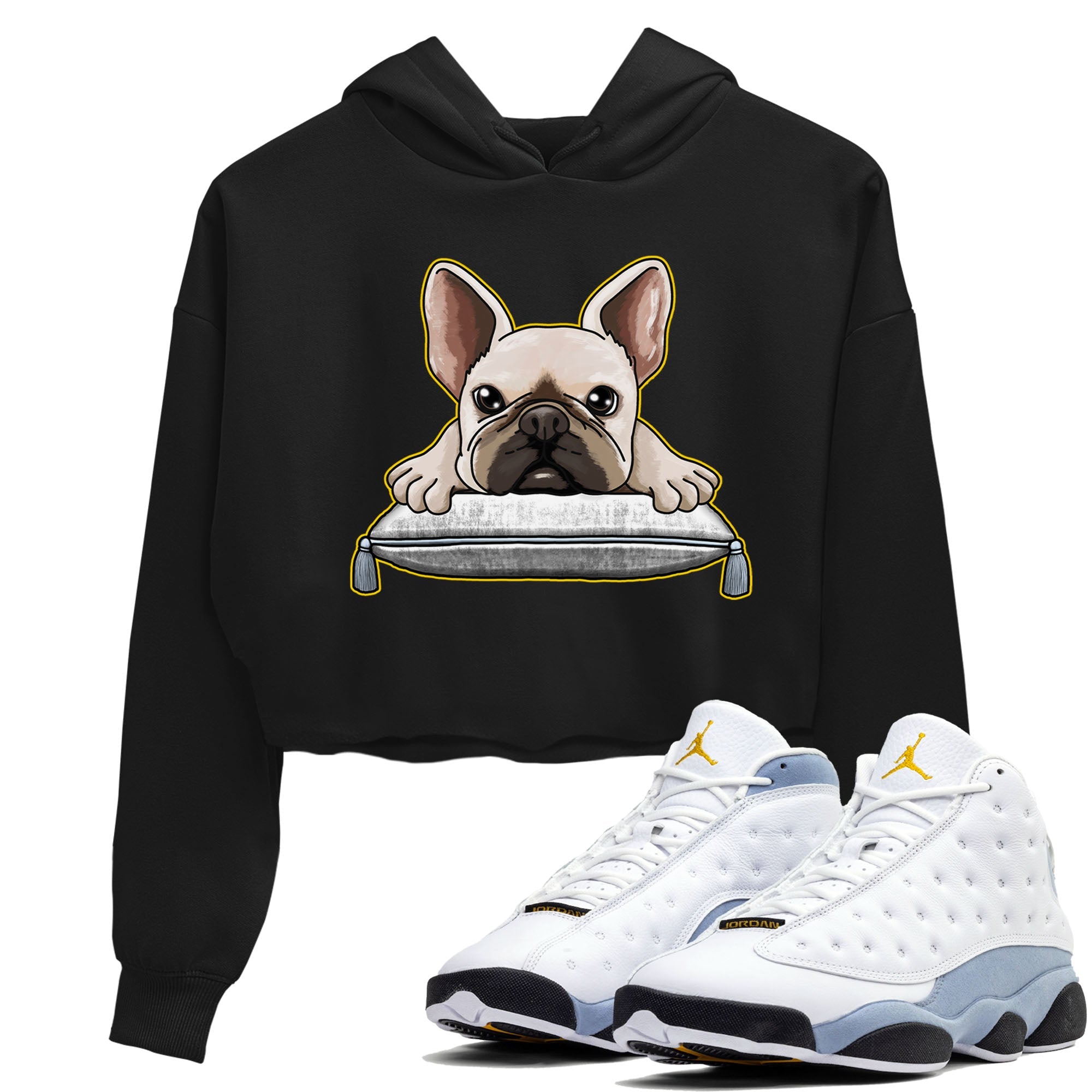 13s Blue Grey shirt to match jordans French Bulldog sneaker tees Air Jordan 13 Blue Grey Drip Gear Zone Black 1 crop length shirt
