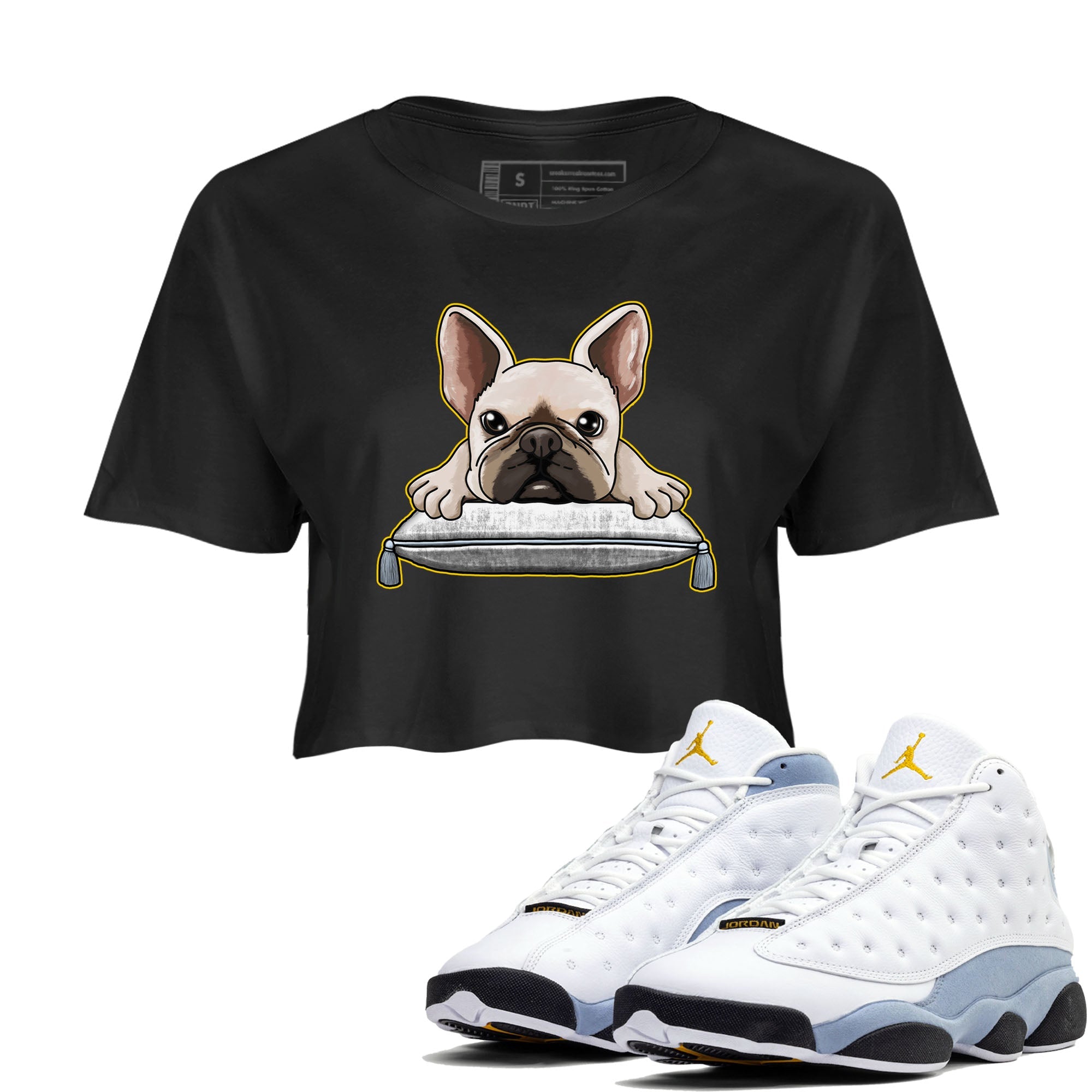 13s Blue Grey shirt to match jordans French Bulldog sneaker tees Air Jordan 13 Blue Grey Drip Gear Zone Black 1 crop length shirt