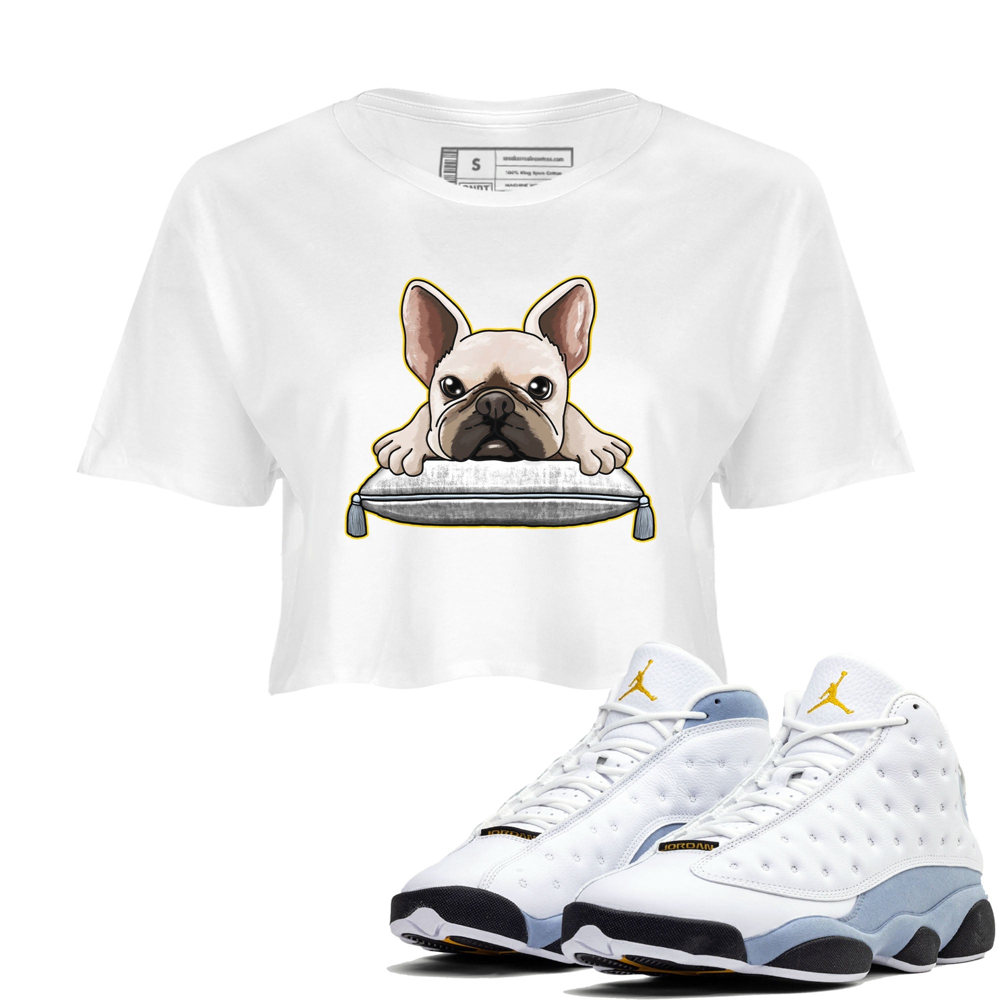 13s Blue Grey shirt to match jordans French Bulldog sneaker tees Air Jordan 13 Blue Grey Drip Gear Zone White 1 crop length shirt