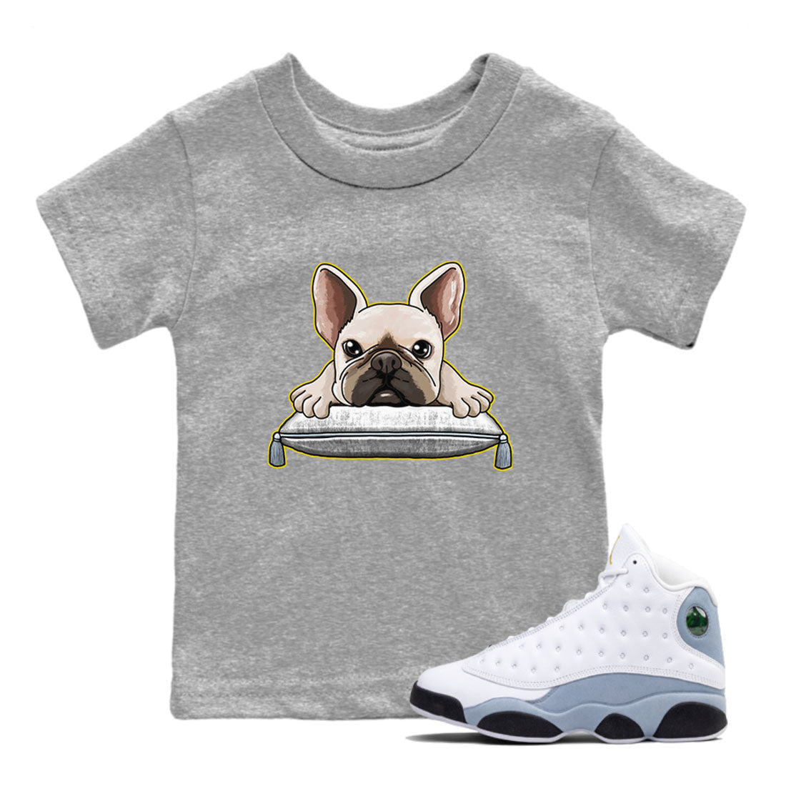 13s Blue Grey shirt to match jordans French Bulldog sneaker tees Air Jordan 13 Blue Grey Drip Gear Zone baby toddler Heather Grey 1 cotton Shirt