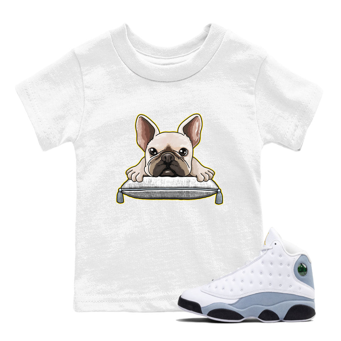13s Blue Grey shirt to match jordans French Bulldog sneaker tees Air Jordan 13 Blue Grey Drip Gear Zone baby toddler White 1 cotton Shirt