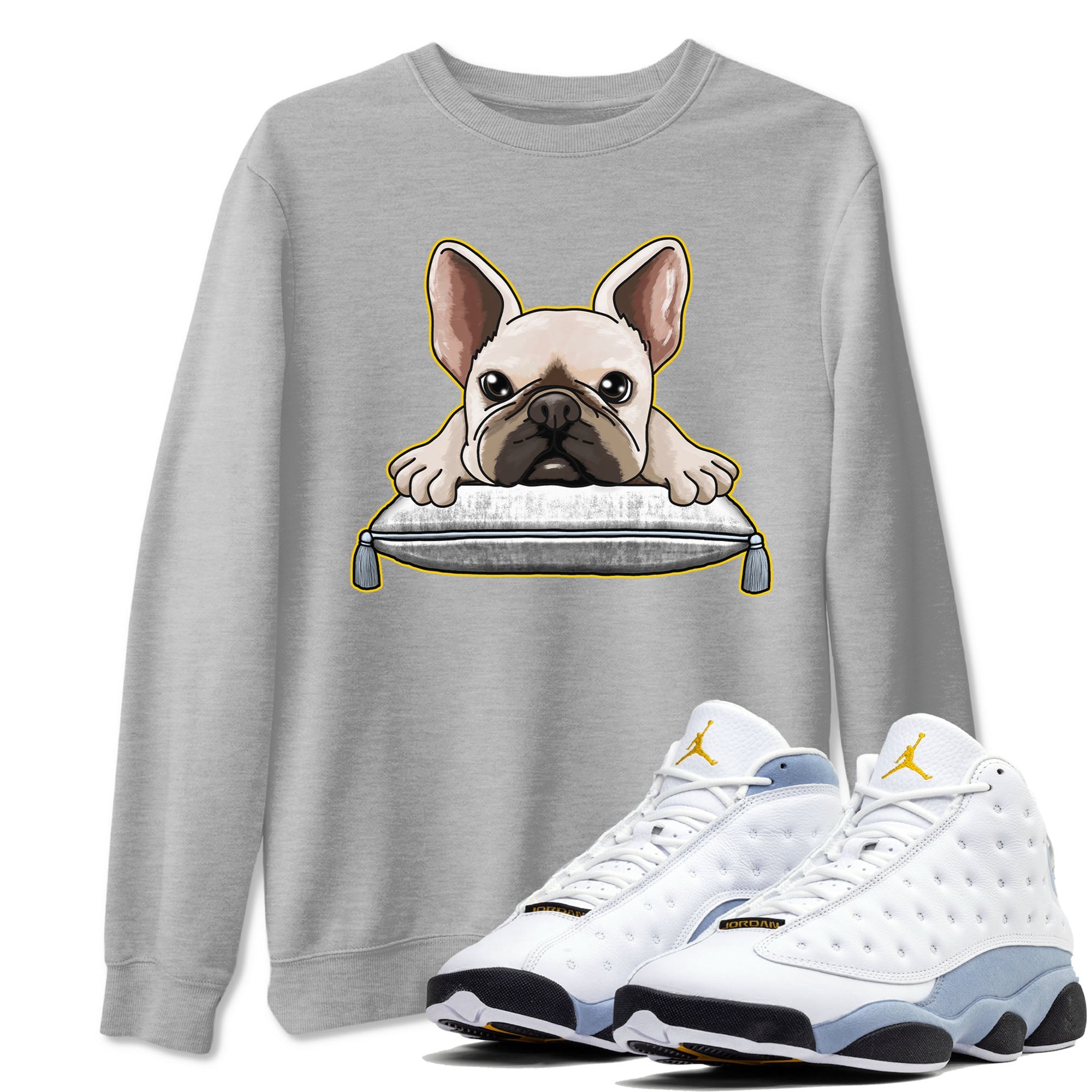 13s Blue Grey shirt to match jordans French Bulldog sneaker tees Air Jordan 13 Blue Grey Drip Gear Zone unisex cotton Heather Grey 1 crew neck shirt