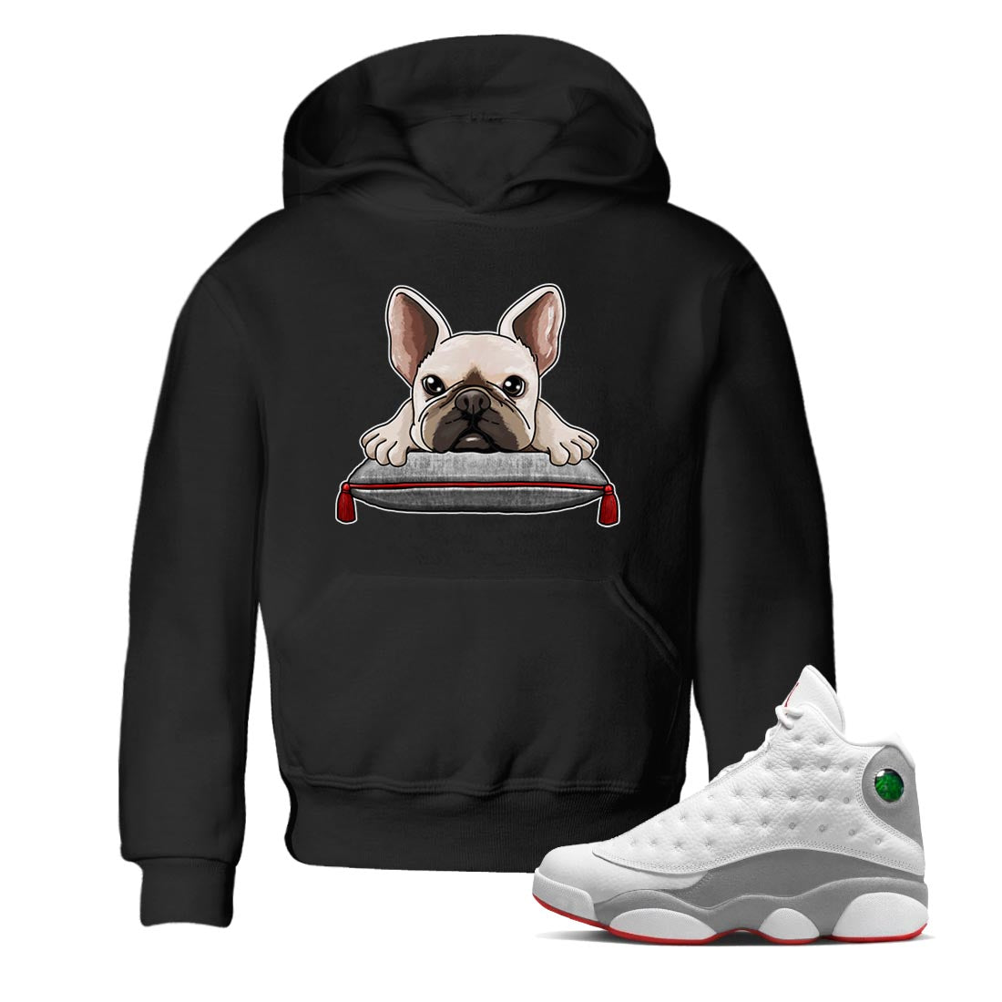 AJ13 Wolf Grey Sneaker Match Tees French Bulldog Streetwear Sneaker Shirt Air Jordan 13 Wolf Grey Drip Gear Zone Sneaker Matching Clothing Kids Shirts Black 1