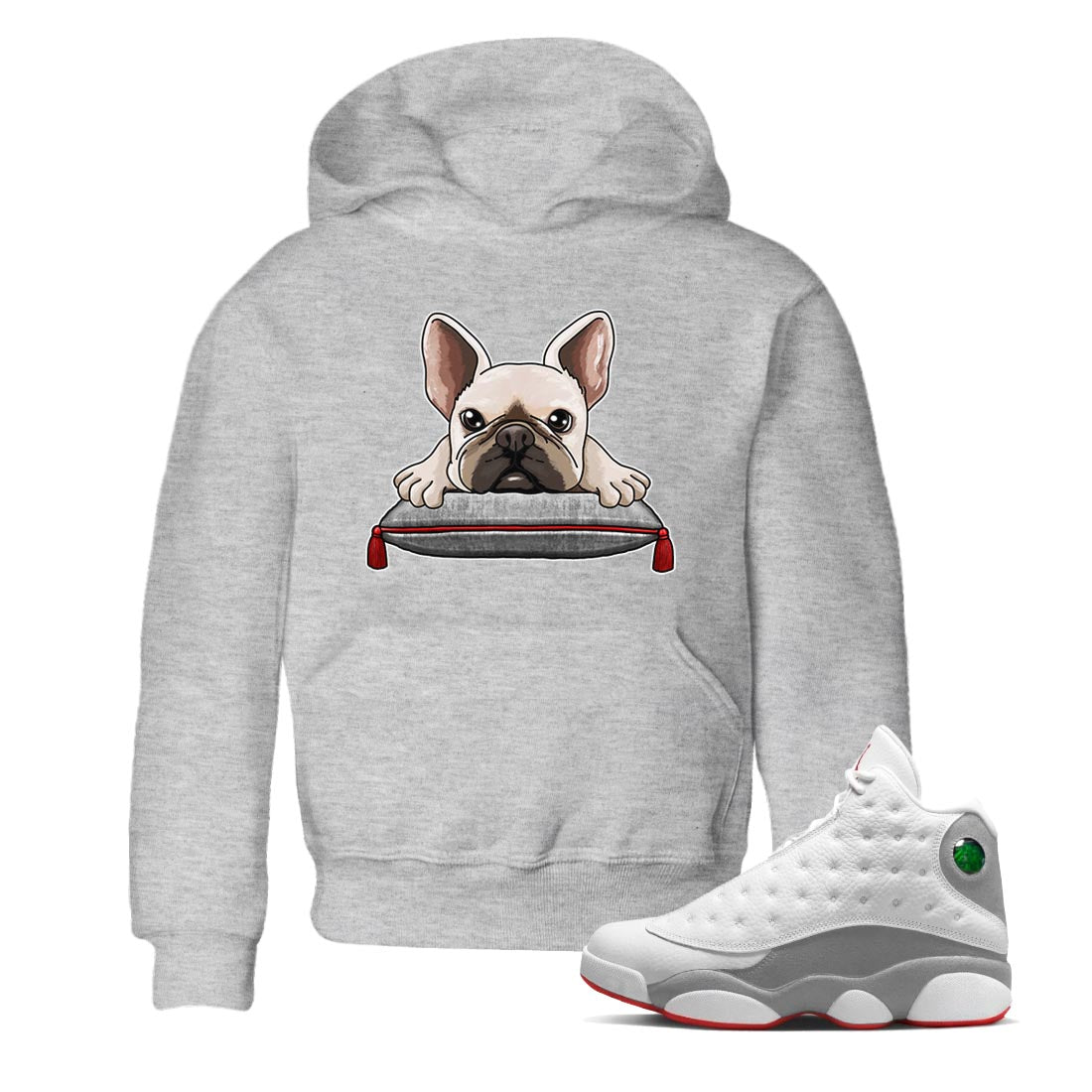 AJ13 Wolf Grey Sneaker Match Tees French Bulldog Streetwear Sneaker Shirt Air Jordan 13 Wolf Grey Drip Gear Zone Sneaker Matching Clothing Kids Shirts Heather Grey 1