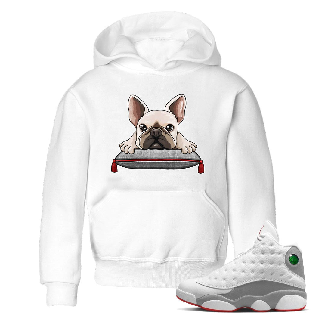 AJ13 Wolf Grey Sneaker Match Tees French Bulldog Streetwear Sneaker Shirt Air Jordan 13 Wolf Grey Drip Gear Zone Sneaker Matching Clothing Kids Shirts White 1